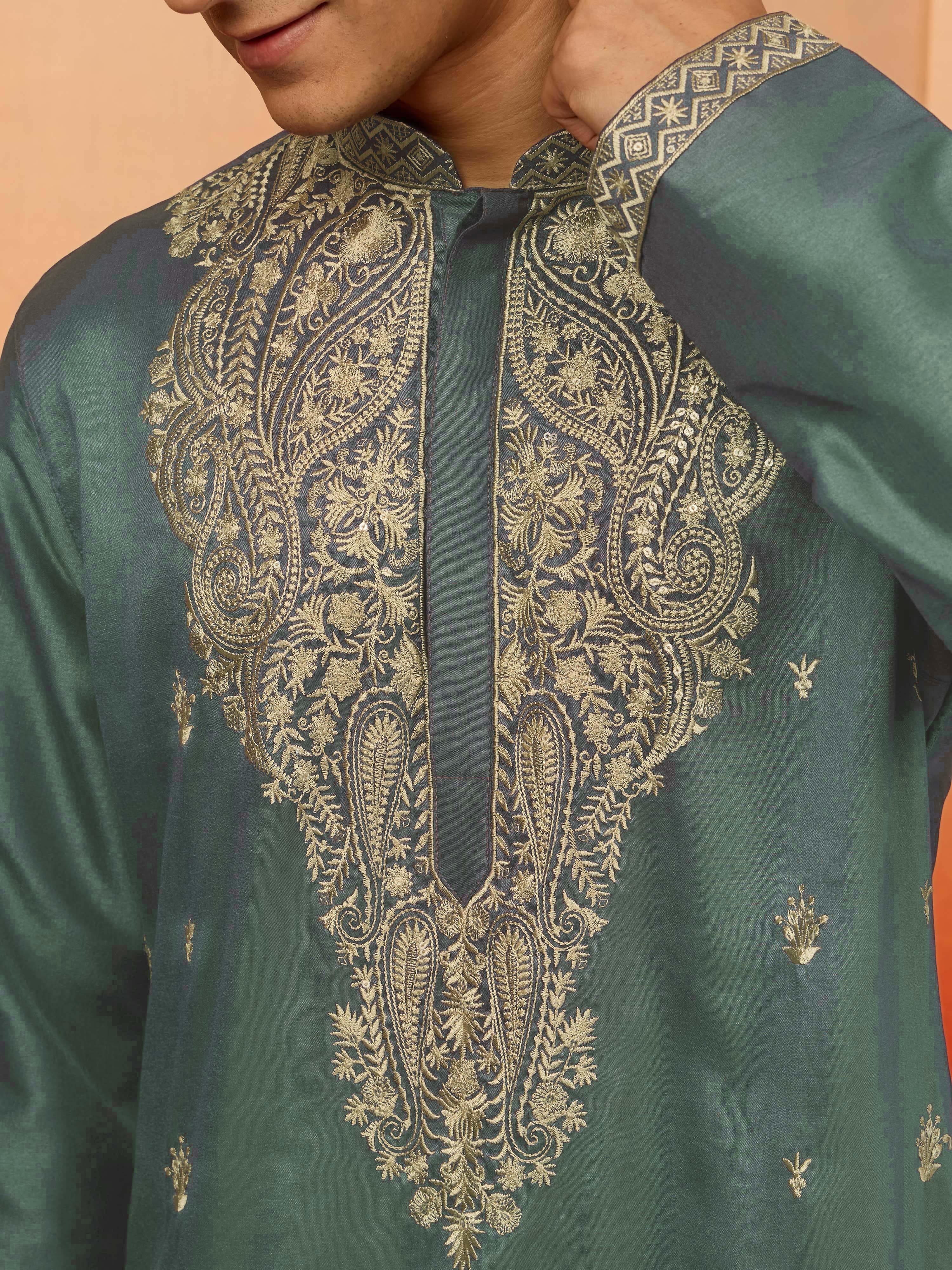 Men's Mint Green Silk Blend Resham Embroidered Kurta with Cream Pyjama