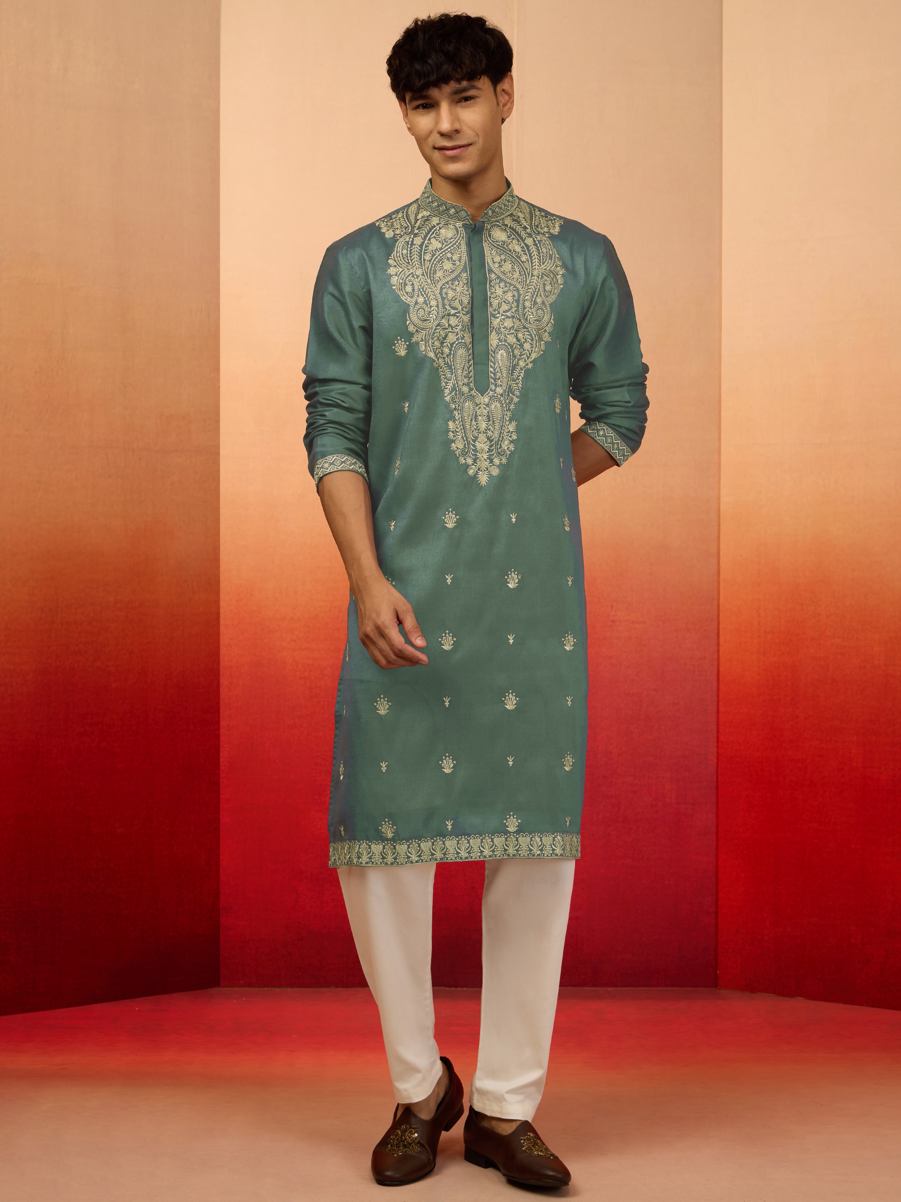 Men's Mint Green Silk Blend Resham Embroidered Kurta with Cream Pyjama