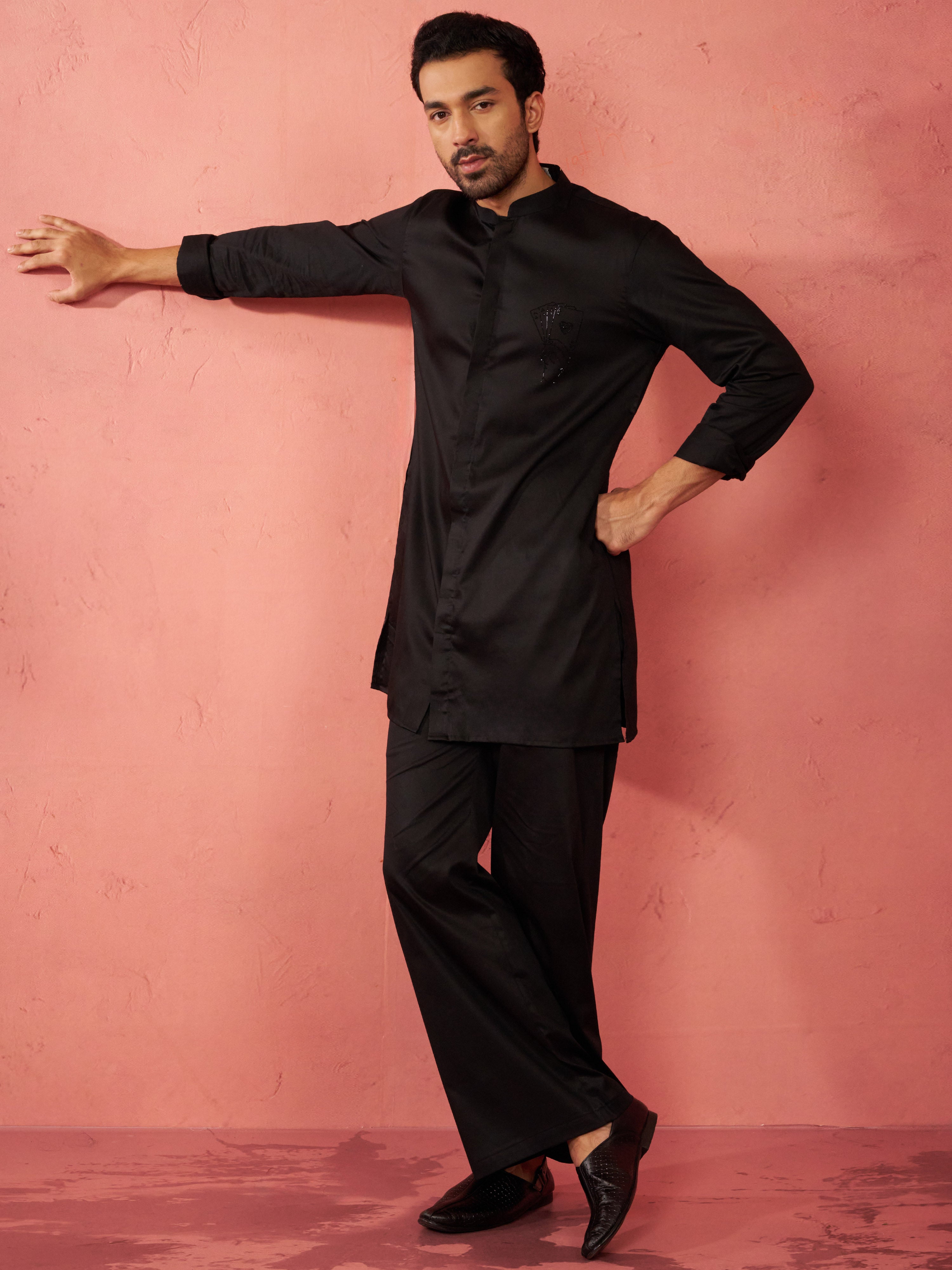 Men's Black Fine Satin Stone Work Kurta with Flare Pant