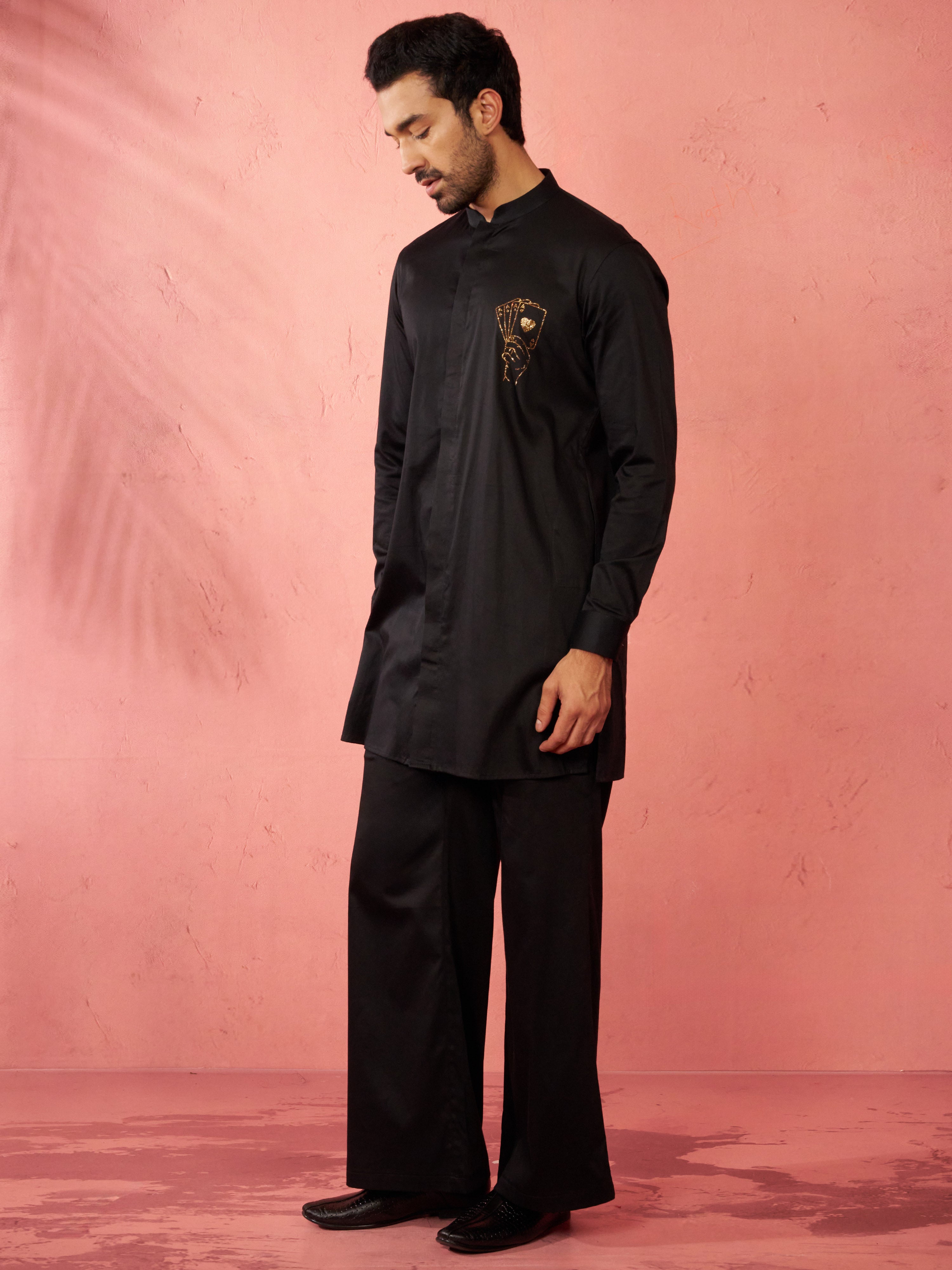 Men's Gold Fine Satin Stone Work Kurta with Black Flare Pant