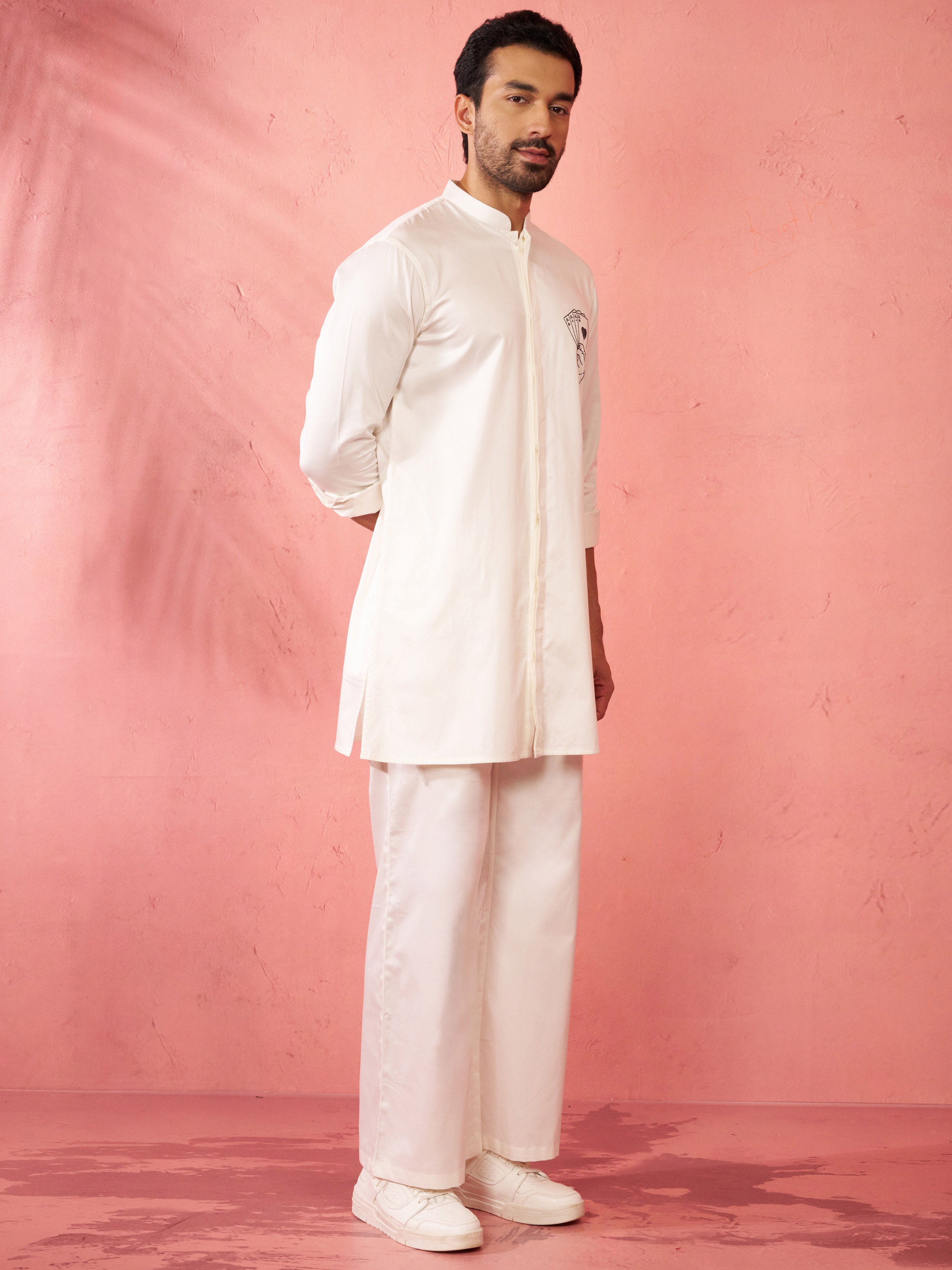 Men's White Fine Satin Stone Work Kurta with Cream Flare Pant