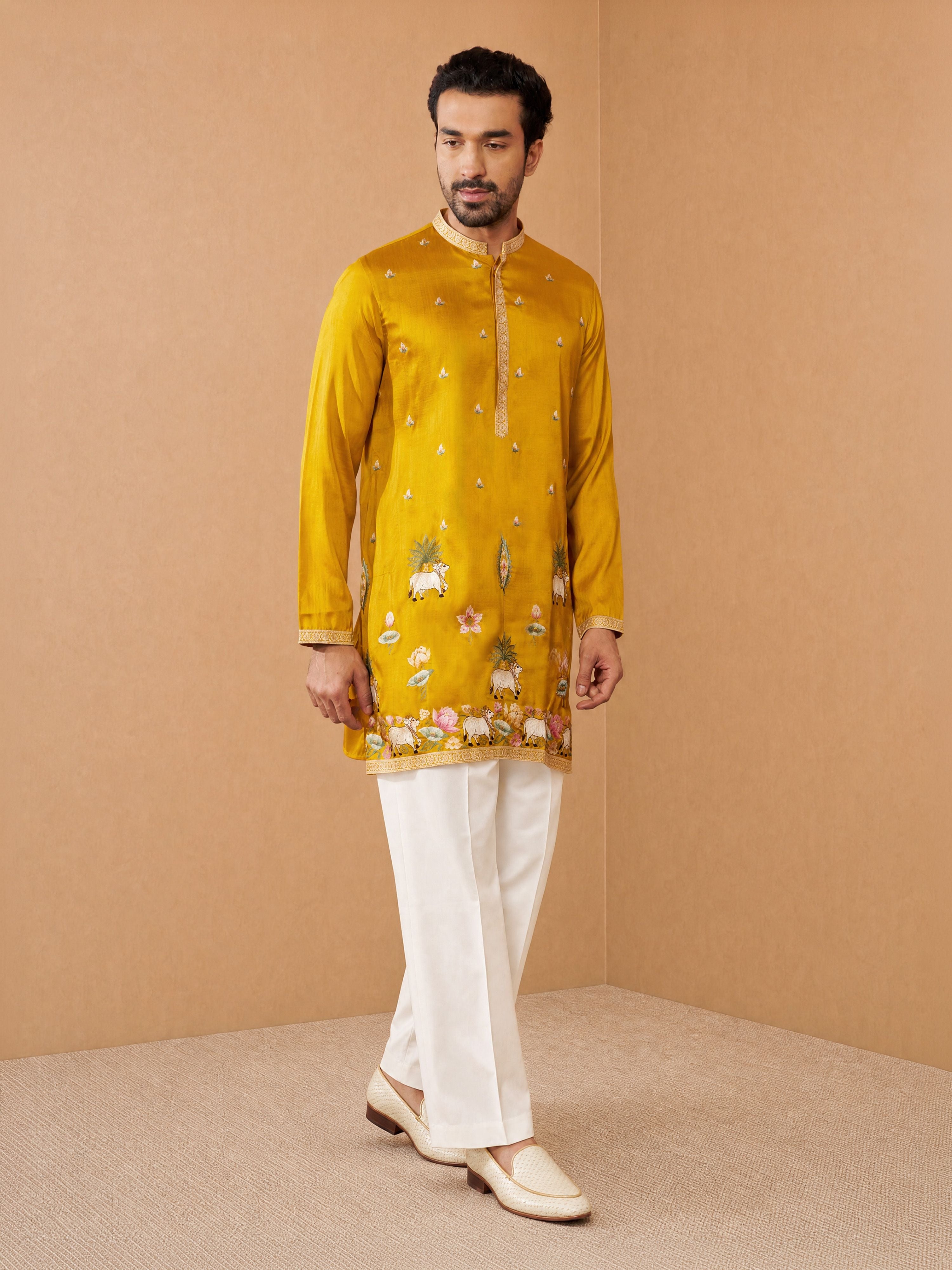 Men's Mustard Silk-Blend Embroidered Thigh Length Thigh Length Kurta with Wide Leg Pant