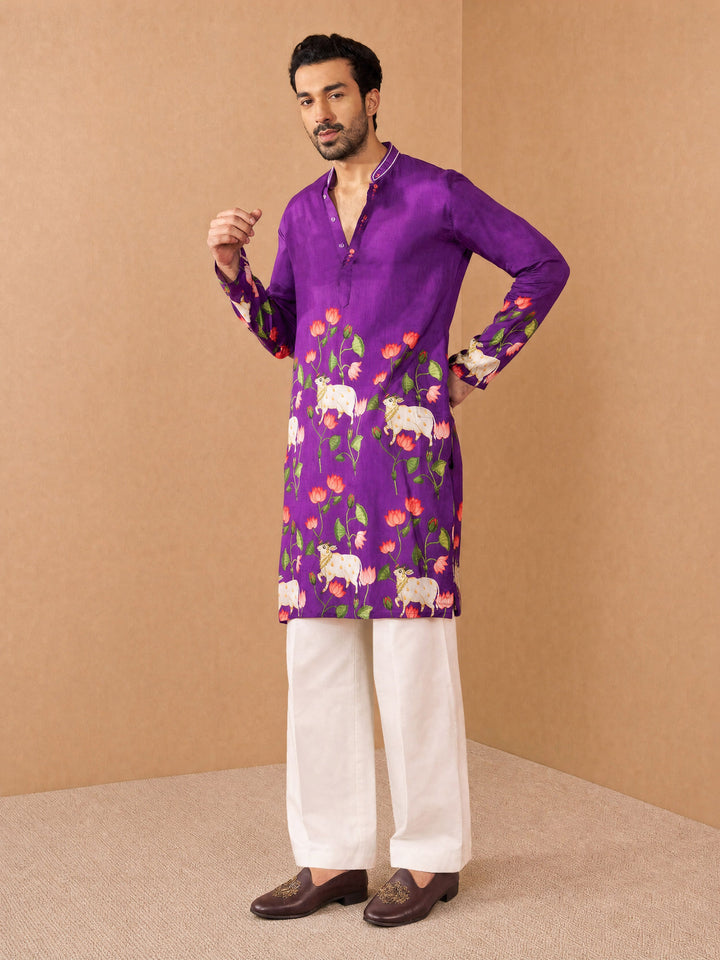 Men Purple Silk Blend Kurta with Palazzo Pant Festive, Diwali Ethnic Wear