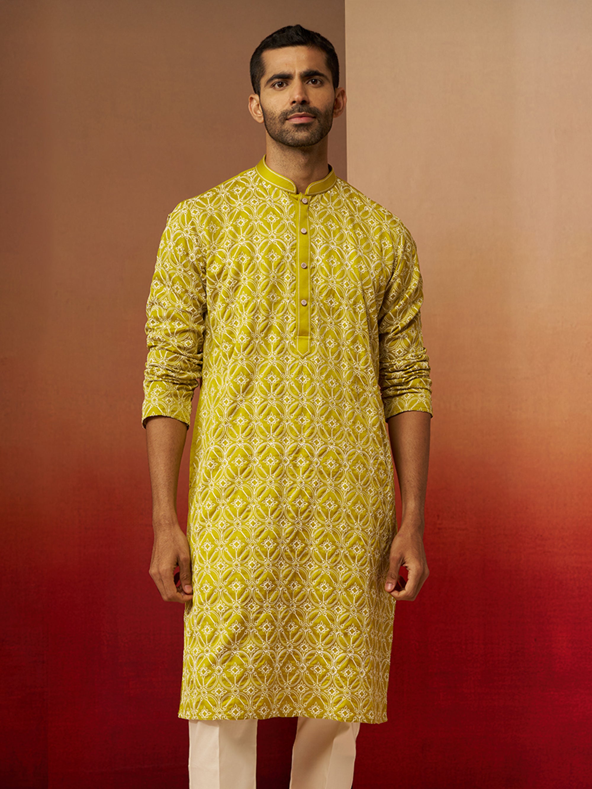 Vastramay Men Green Linen Silk Thread Embroidered Kurta