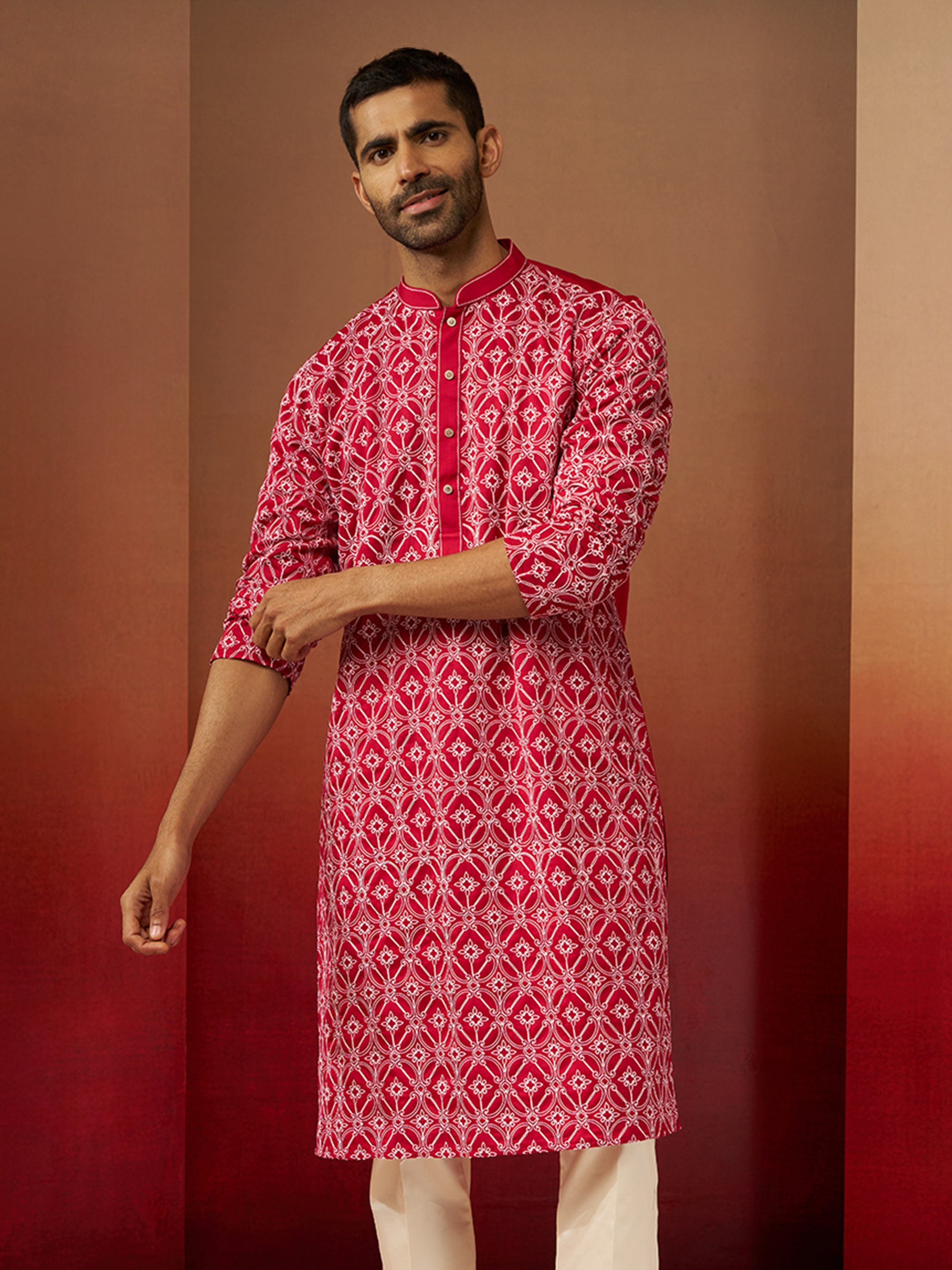Vastramay Men Red Linen Silk Thread Embroidered Kurta