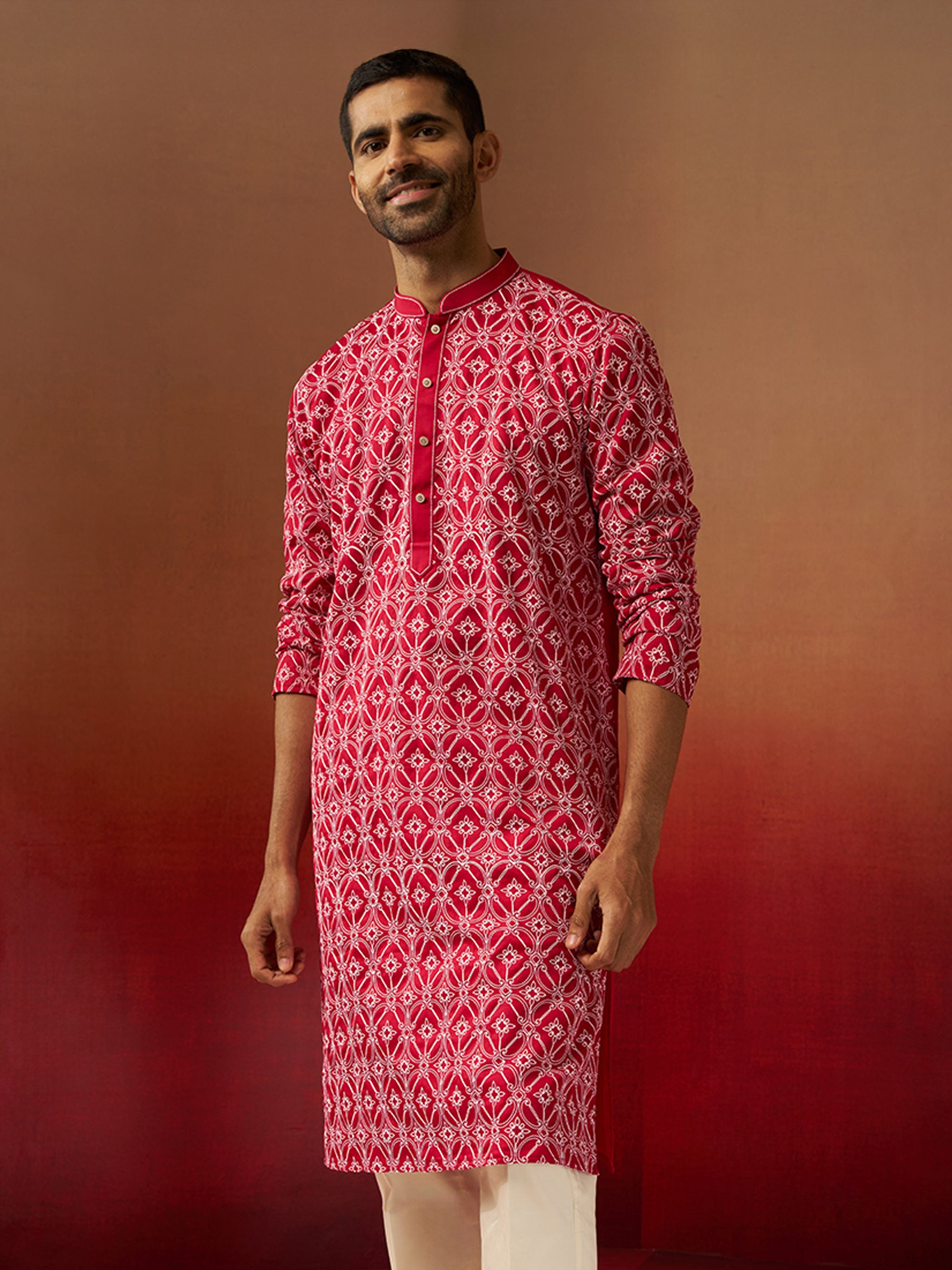 Vastramay Men Red Linen Silk Thread Embroidered Kurta