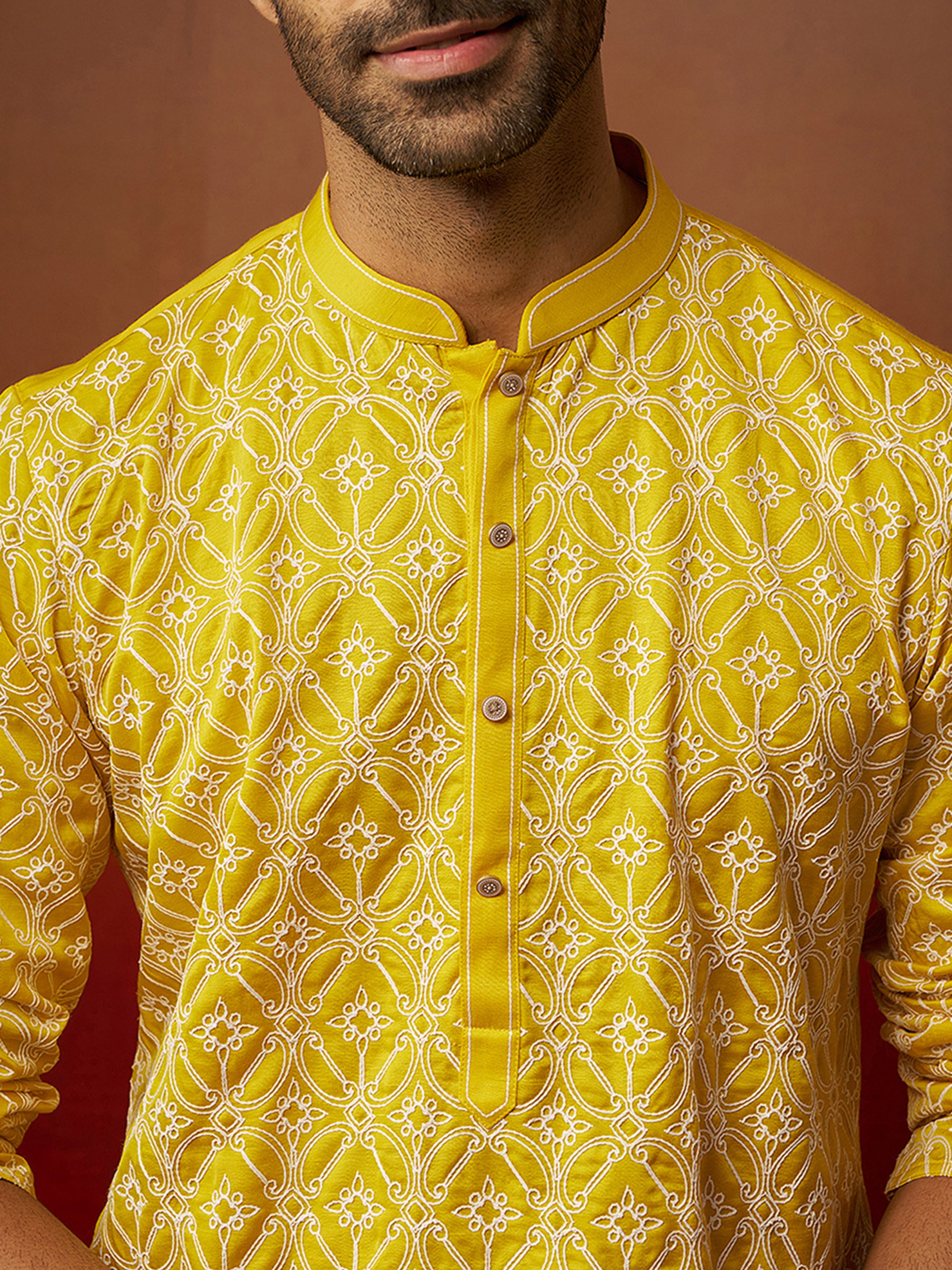 Vastramay Men Yellow Linen Silk Thread Embroidered Kurta
