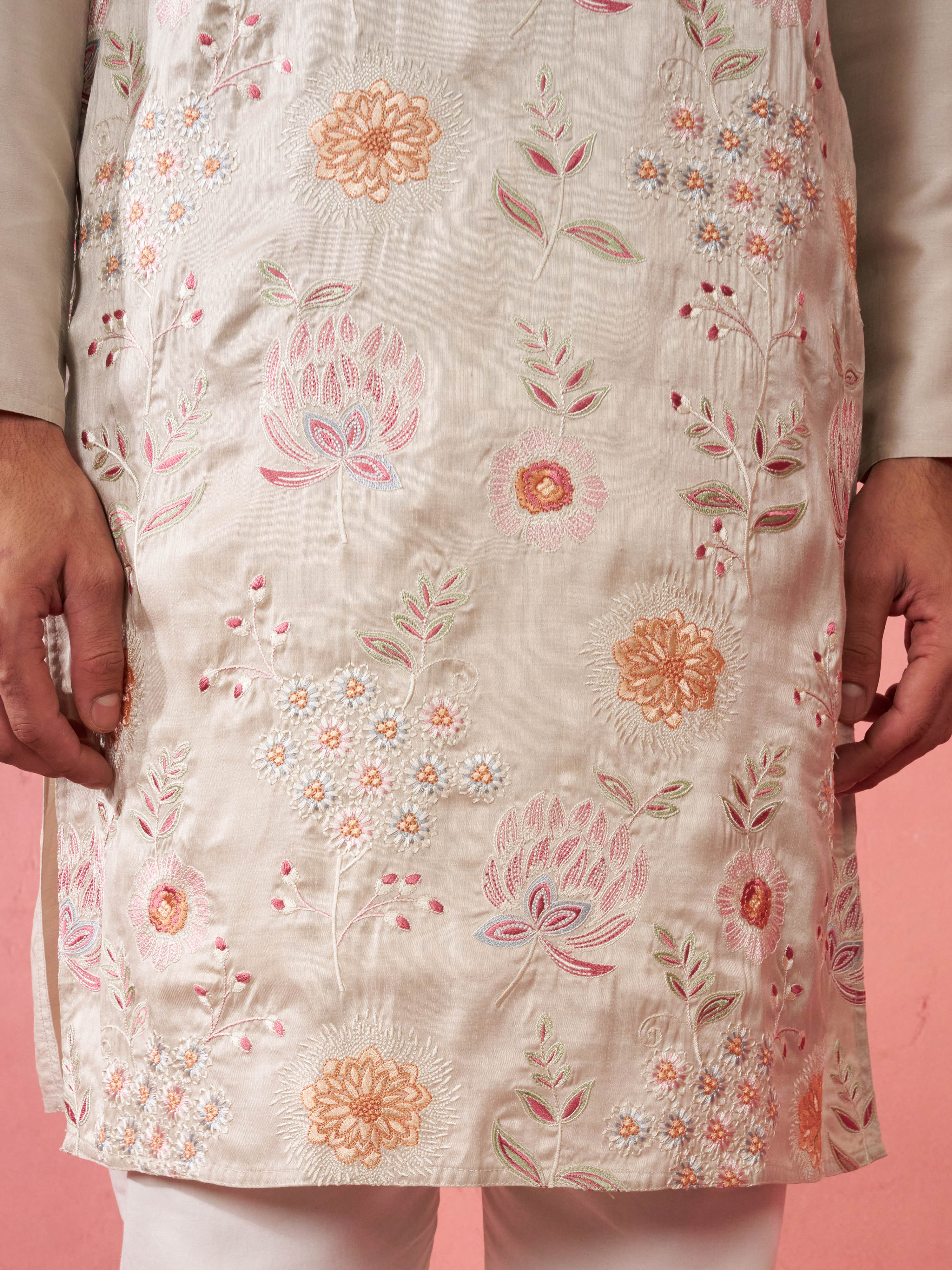 Men's Grey Silk Blend Kurta with Cream Pyjama