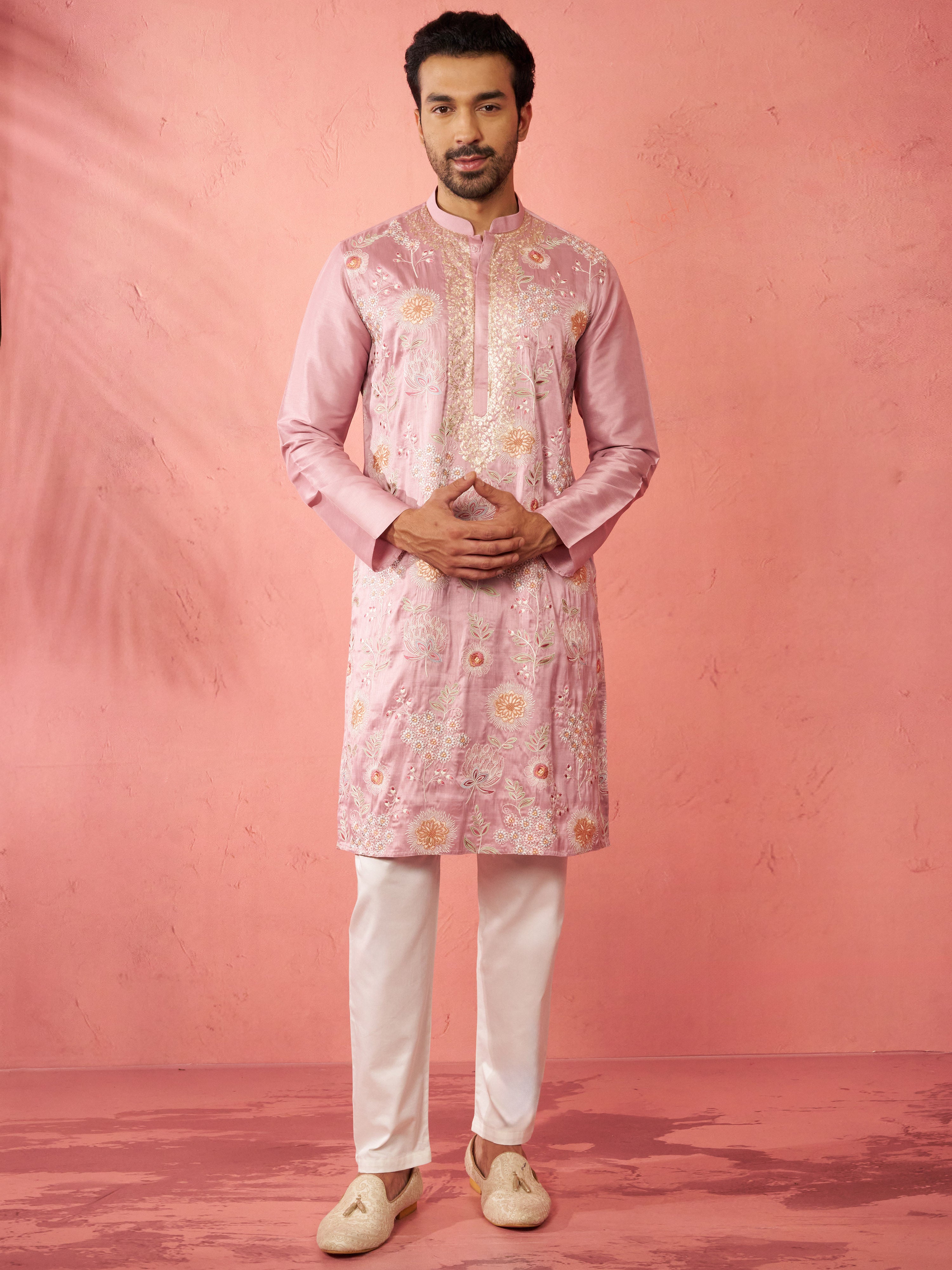 Men's Onion Silk Blend Kurta with Cream Pyjama
