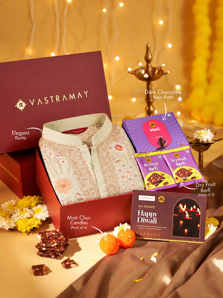 Vastramay Pista Green Embroidered Silk Blend Kurta | Diwali Gift Box with Go Desi Mithai &amp; 4 Laddoo Candles