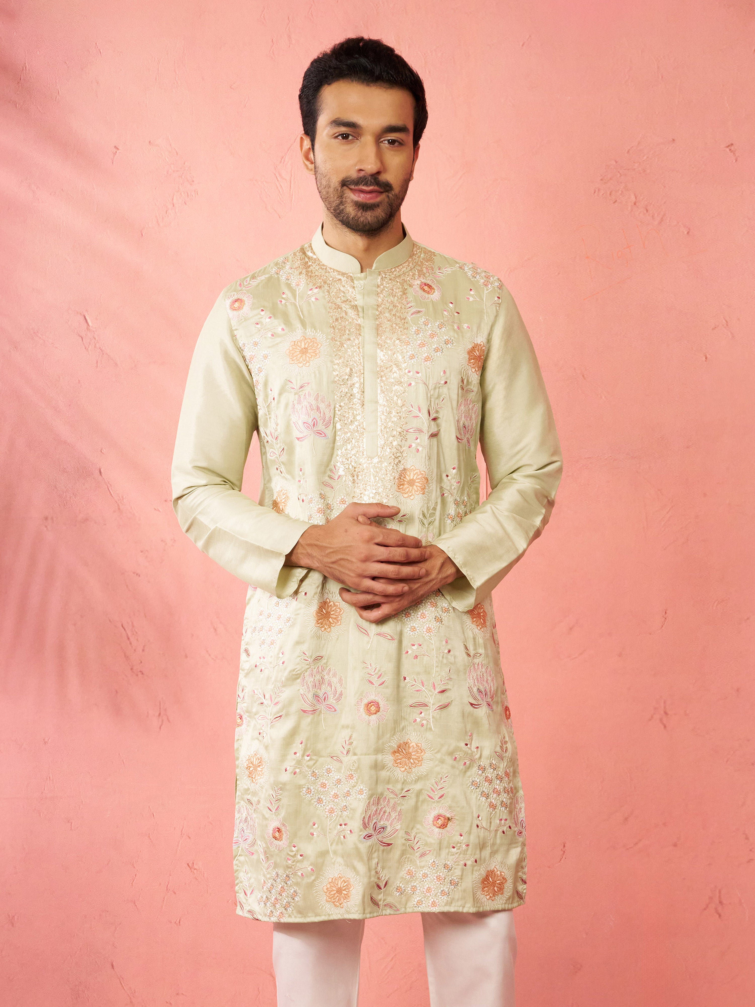 Men's Light Green Silk Blend Kurta