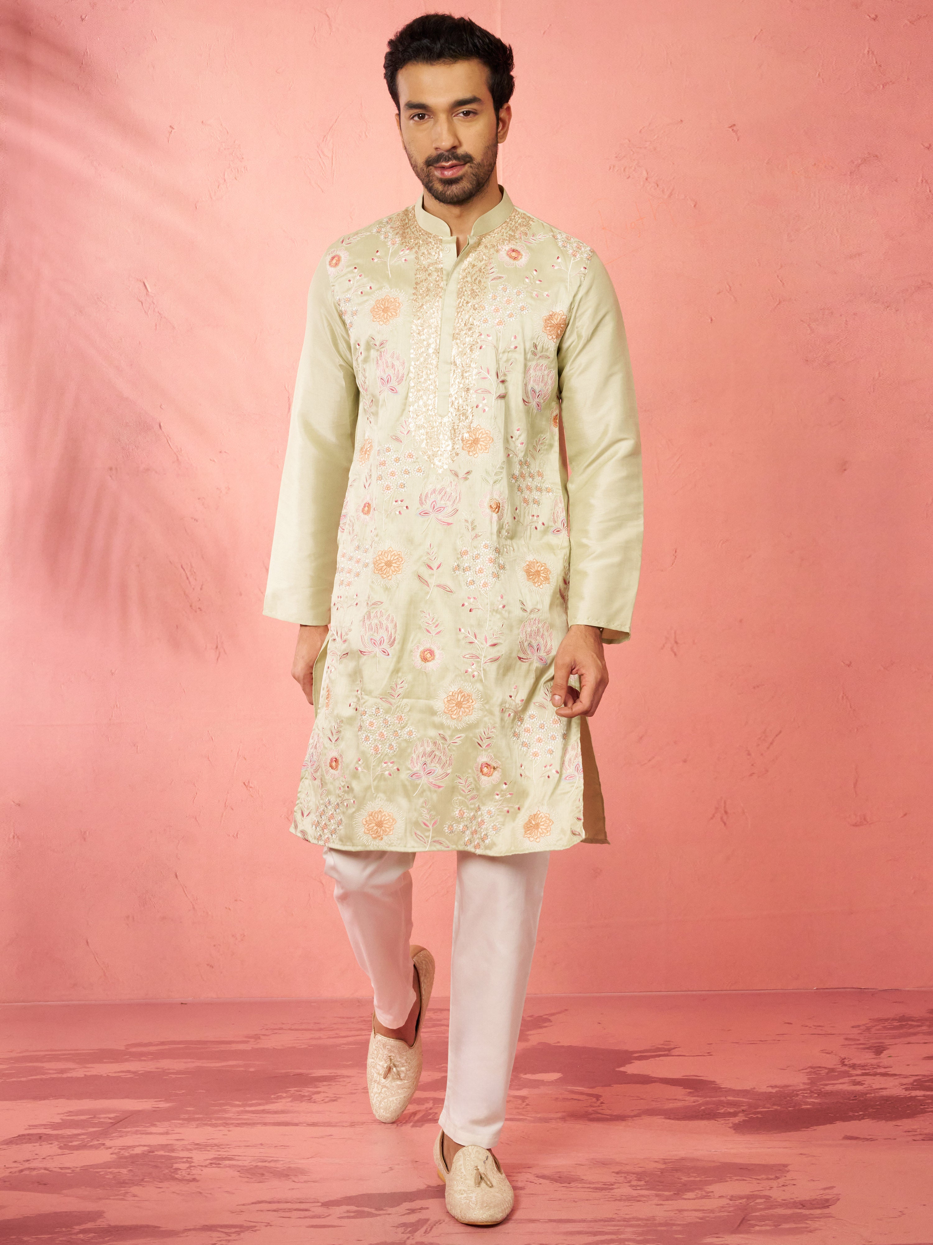 Men's Light Green Silk Blend Kurta with Cream Pyjama