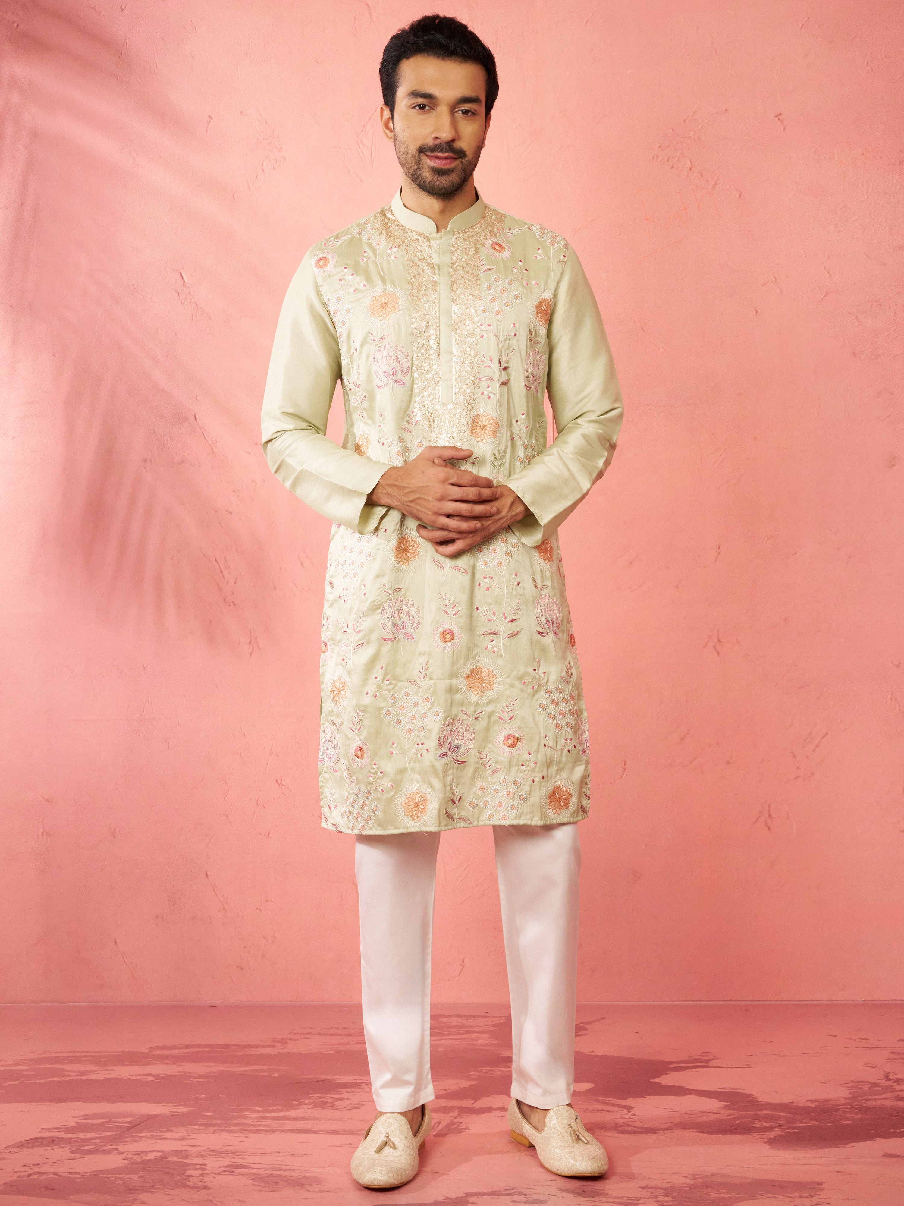 Men's Light Green Silk Blend Kurta with Cream Pyjama
