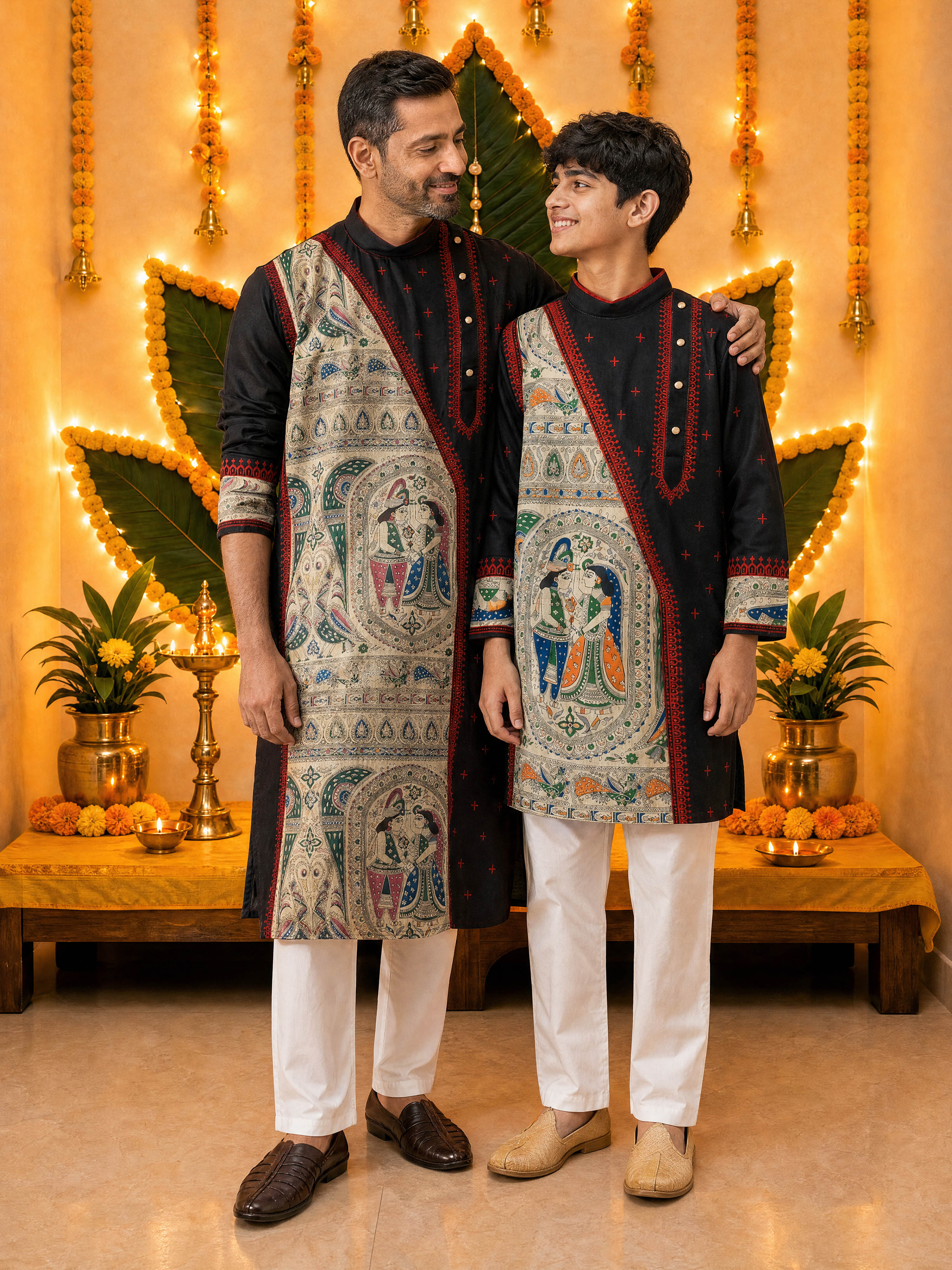 Men's Black Digital Print Kurta with Pyjama