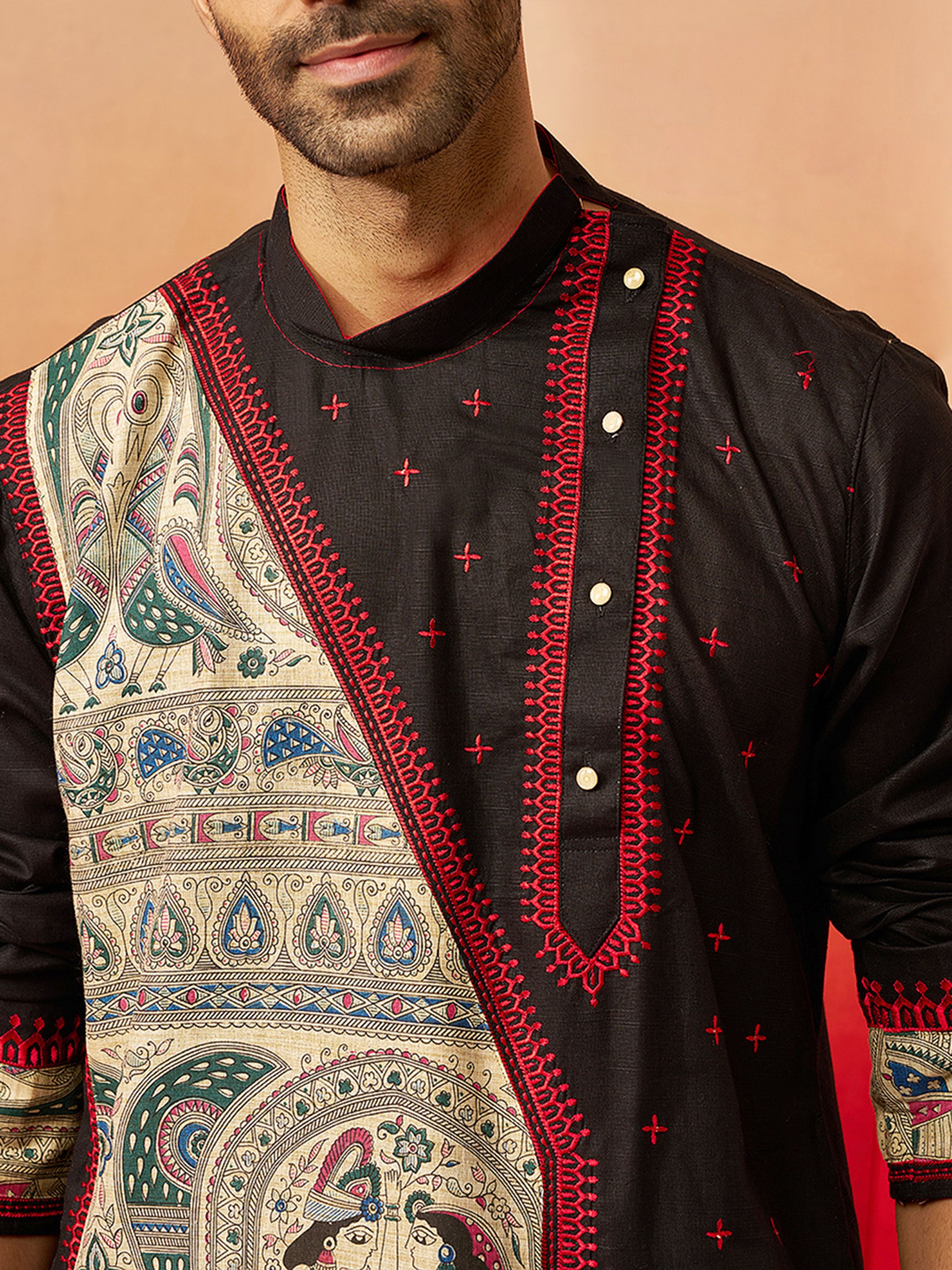 Men's Black Cotton Printed Knee Length Kurta with Patiala
