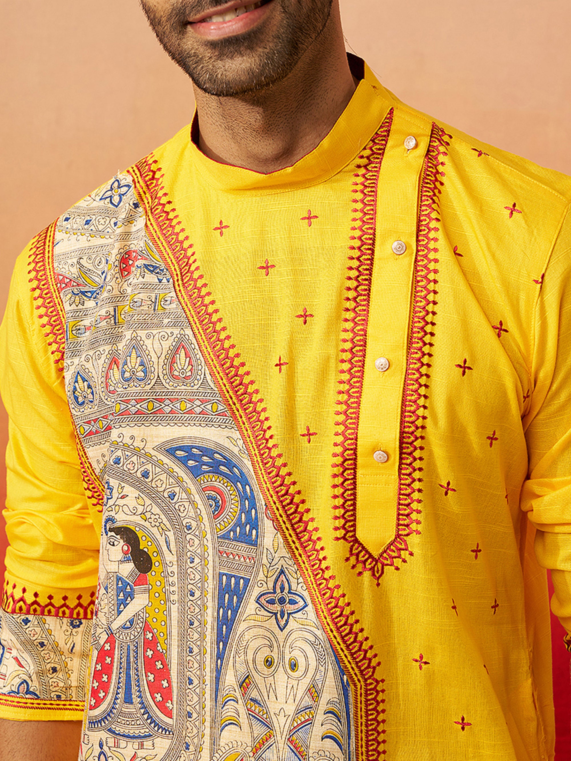 Vastramay Men Yellow Cotton High Neck Digital Print Kurta