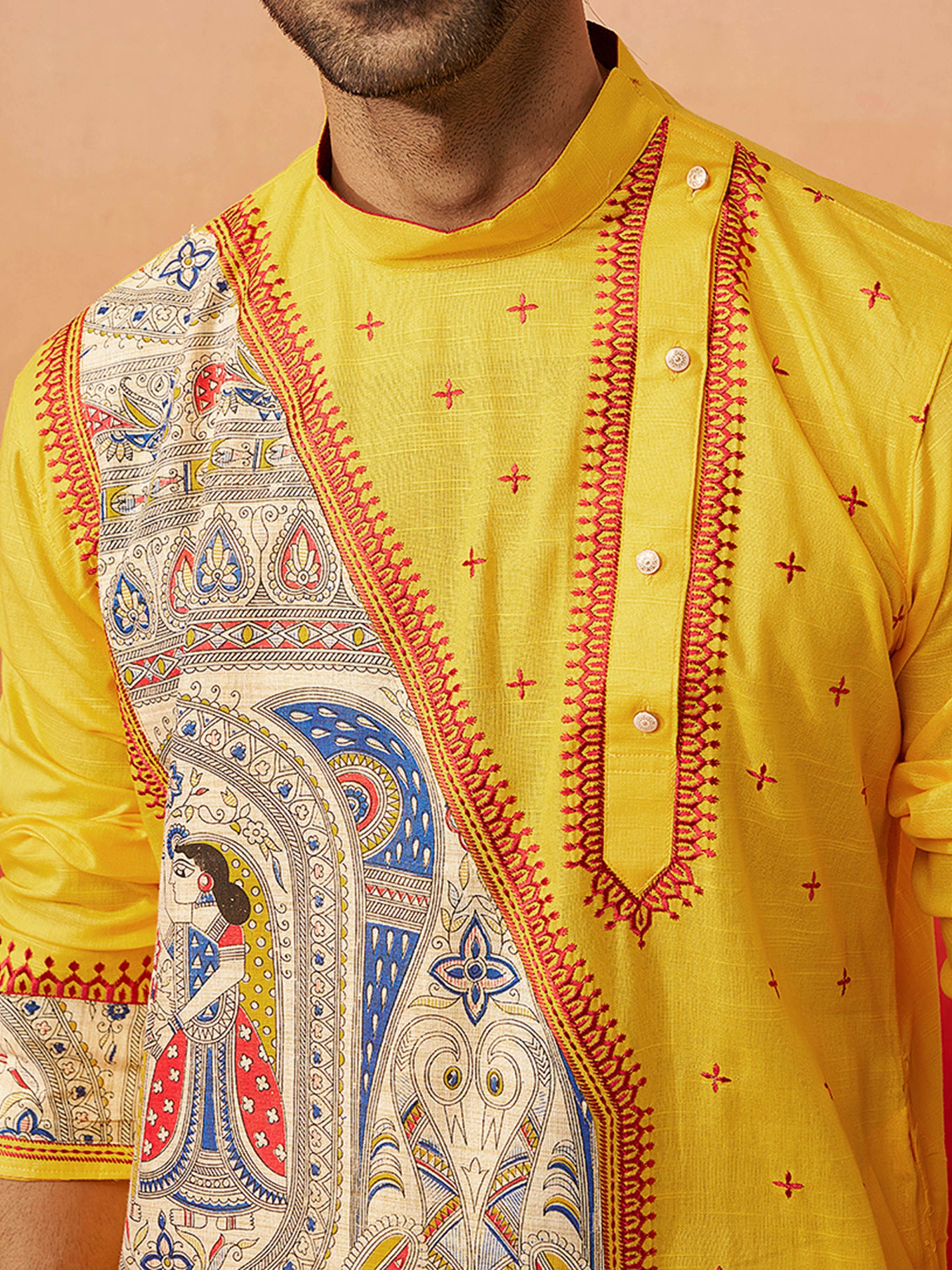 Men's Yellow Cotton Printed Knee Length Kurta with Patiala