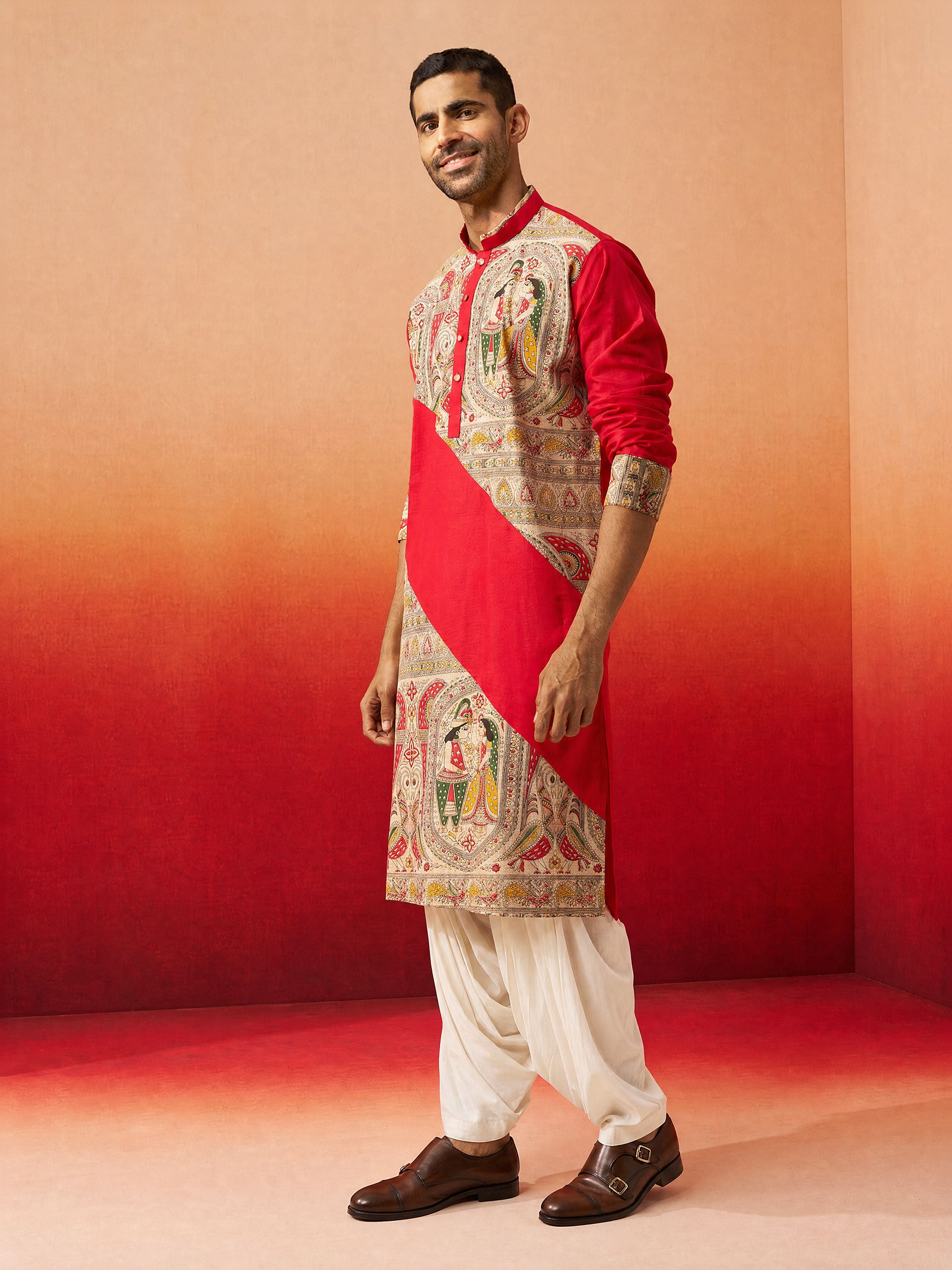 Men Maroon Cotton Kurta with Patiala Festive Ethnic Wear