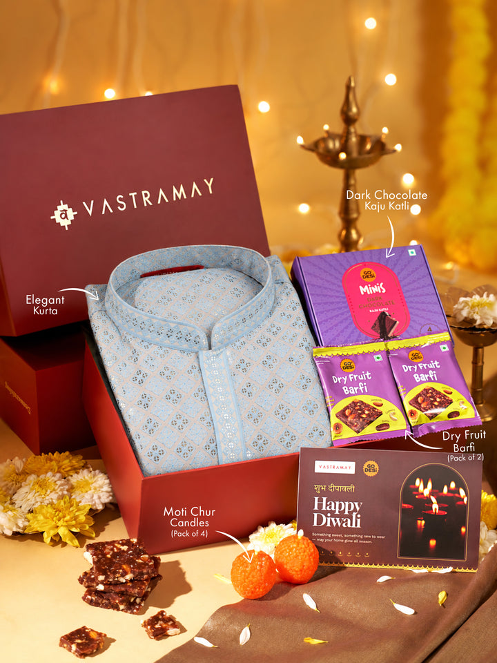 Vastramay Aqua Ombre Sequin Cotton Kurta | Diwali Gift Box with Go Desi Mithai &amp; 4 Laddoo Candles