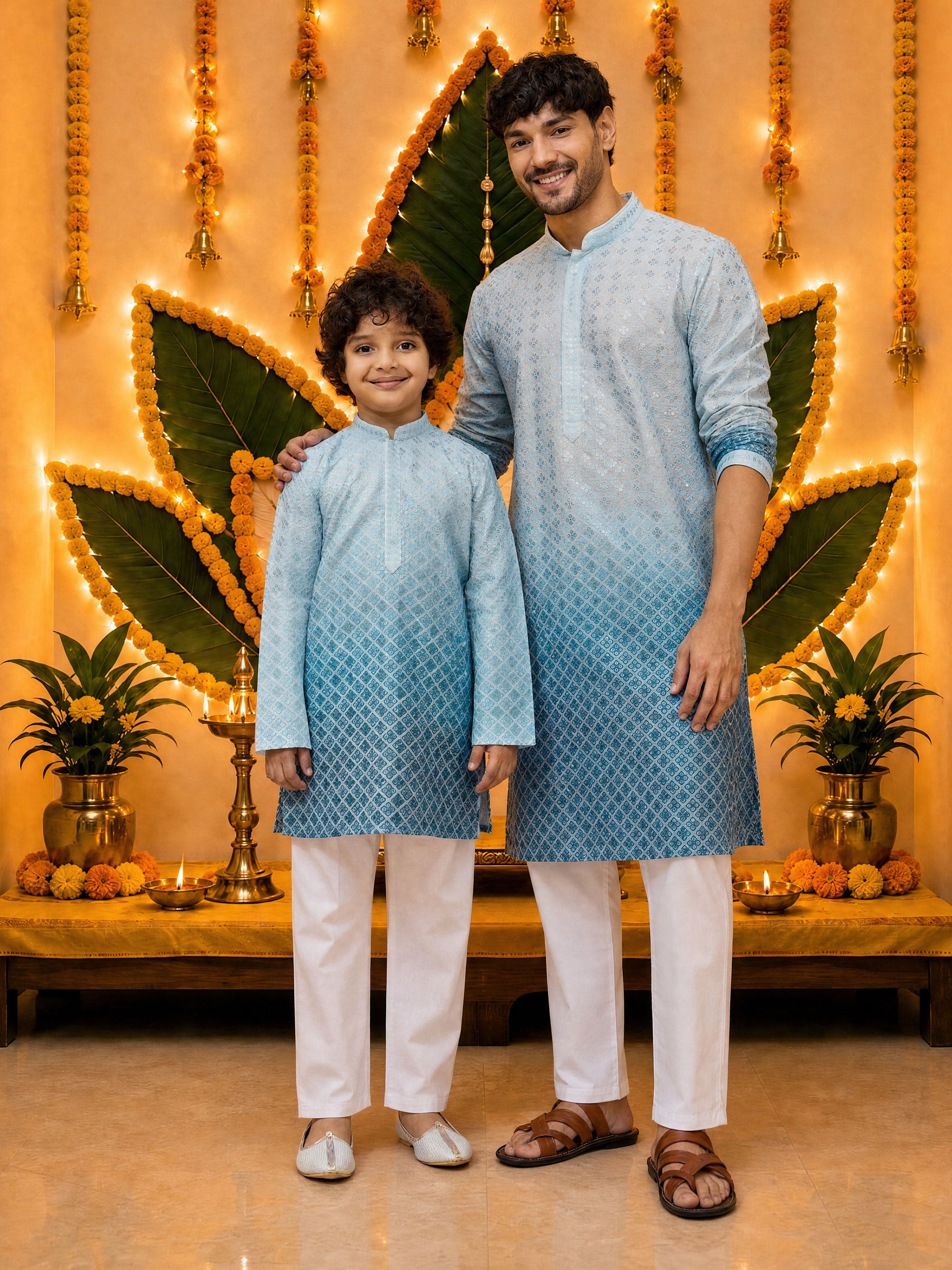 Men's Aqua Cotton Sequin Ombre Kurta with White Trousers