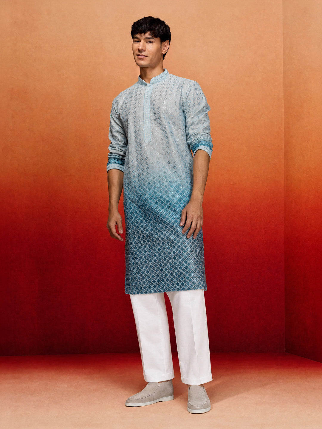 Men Aqua Cambric Cotton Kurta with Wide leg Pant Festive Ethnic Wear