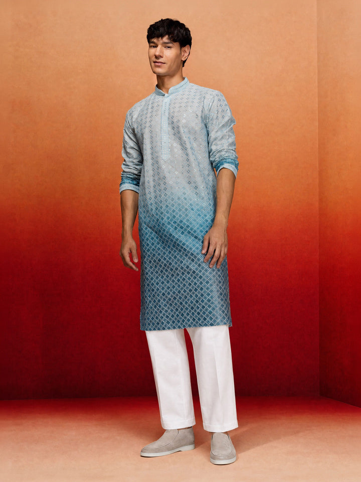 Men Aqua Cambric Cotton Kurta with Wide leg Pant Festive Ethnic Wear