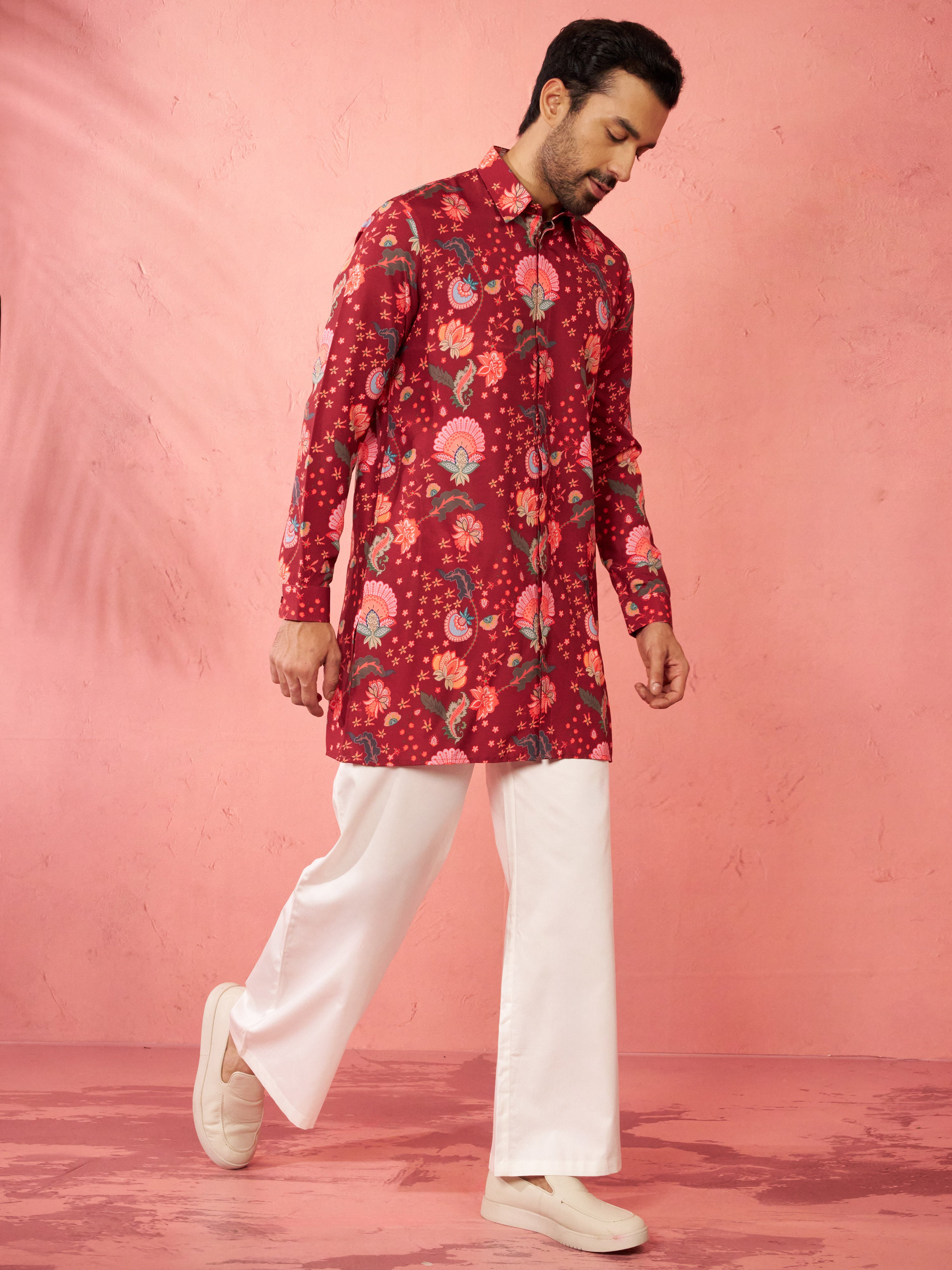 Men's Maroon Rayon Kurta with Cream Flare Pant
