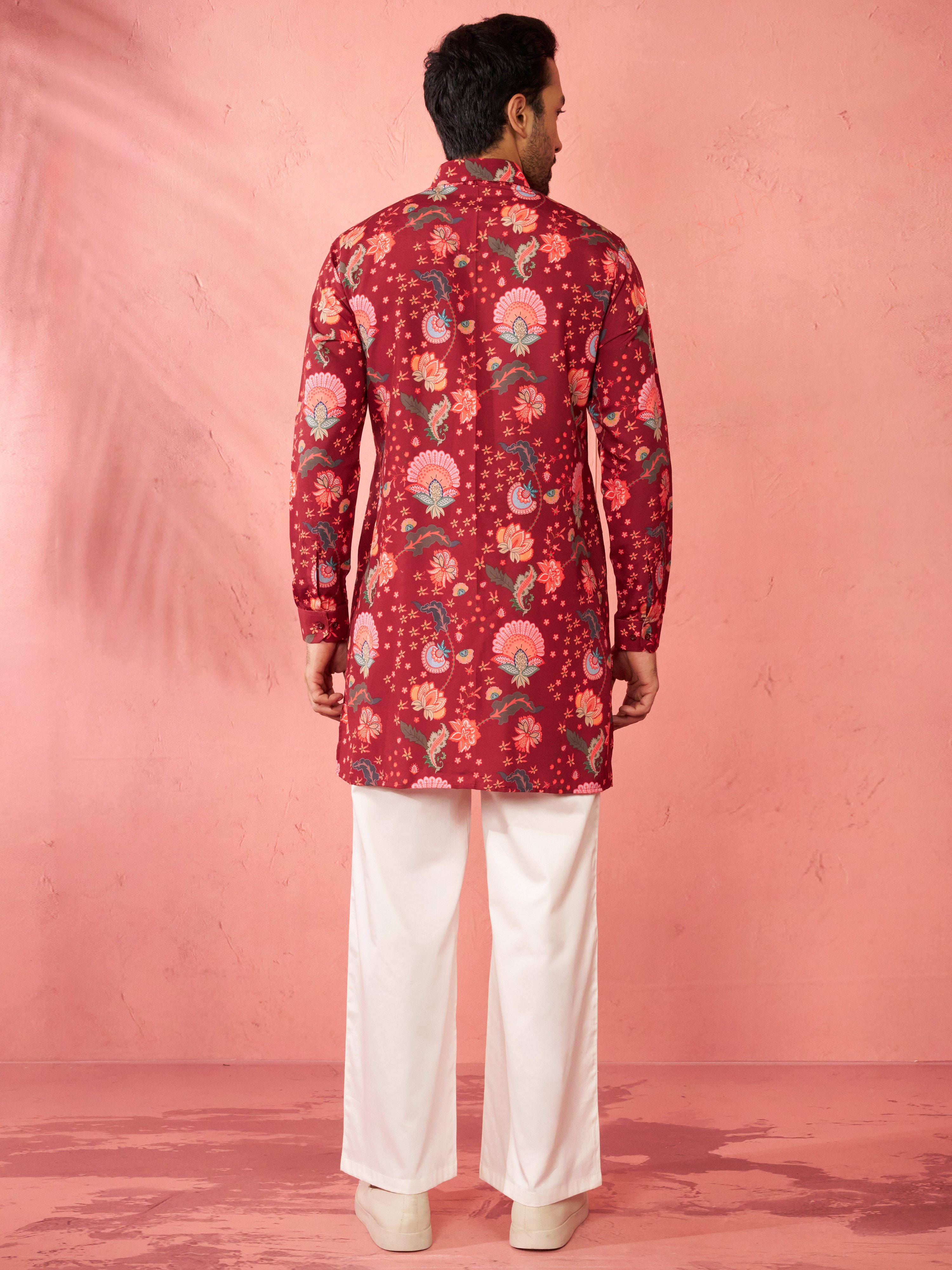 Men's Maroon Rayon Kurta with Cream Flare Pant