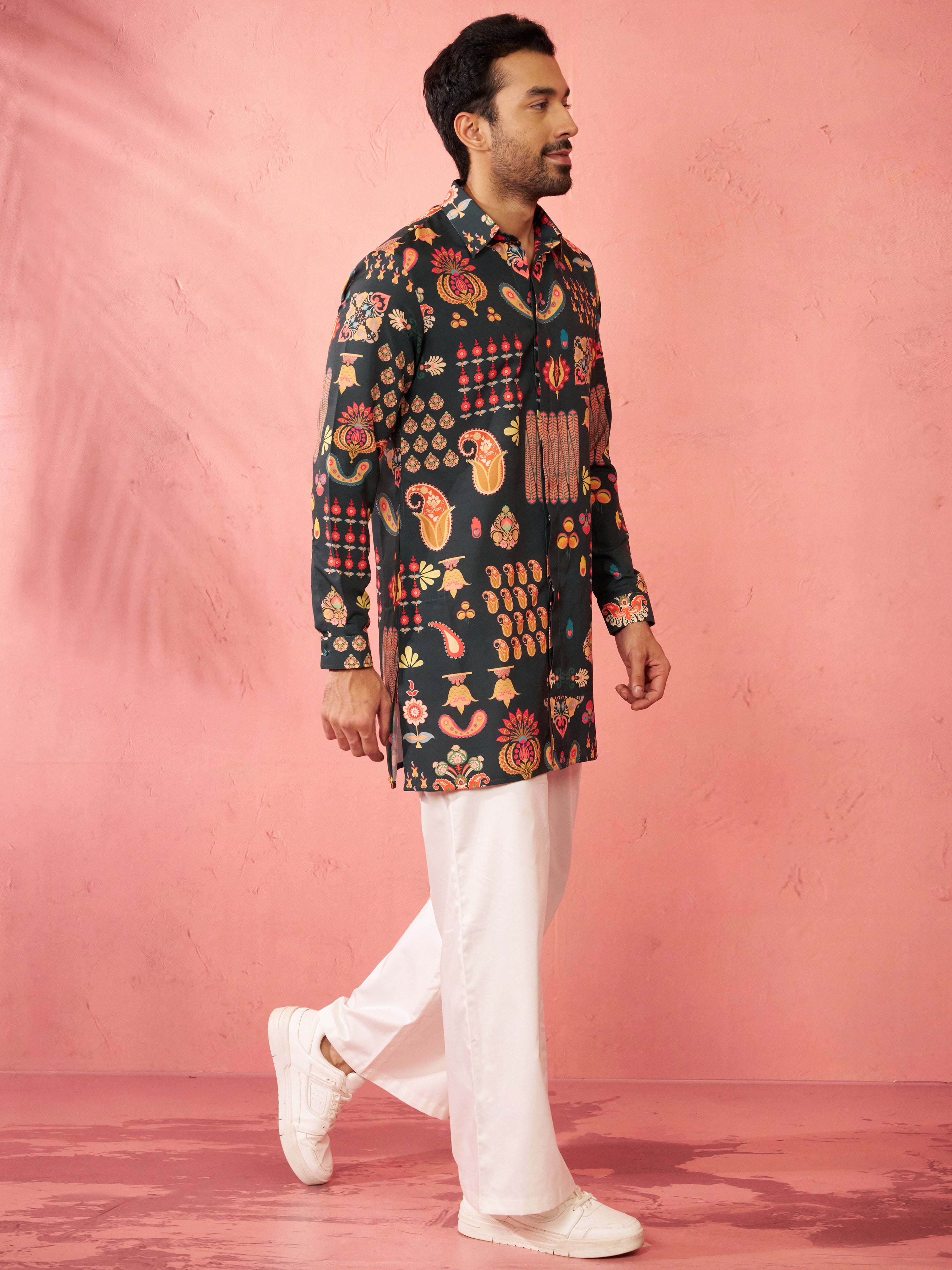 Men's Bottle Green Digital Print Kurta with Cream Palazzo Set
