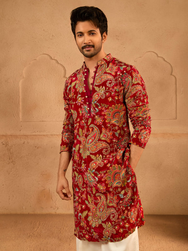 Men’s Maroon Crepe Zari Embroidered Mandarin Collar Kurta with Digital Floral Print