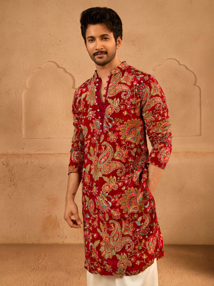 Men’s Maroon Crepe Zari Embroidered Mandarin Collar Kurta with Digital Floral Print
