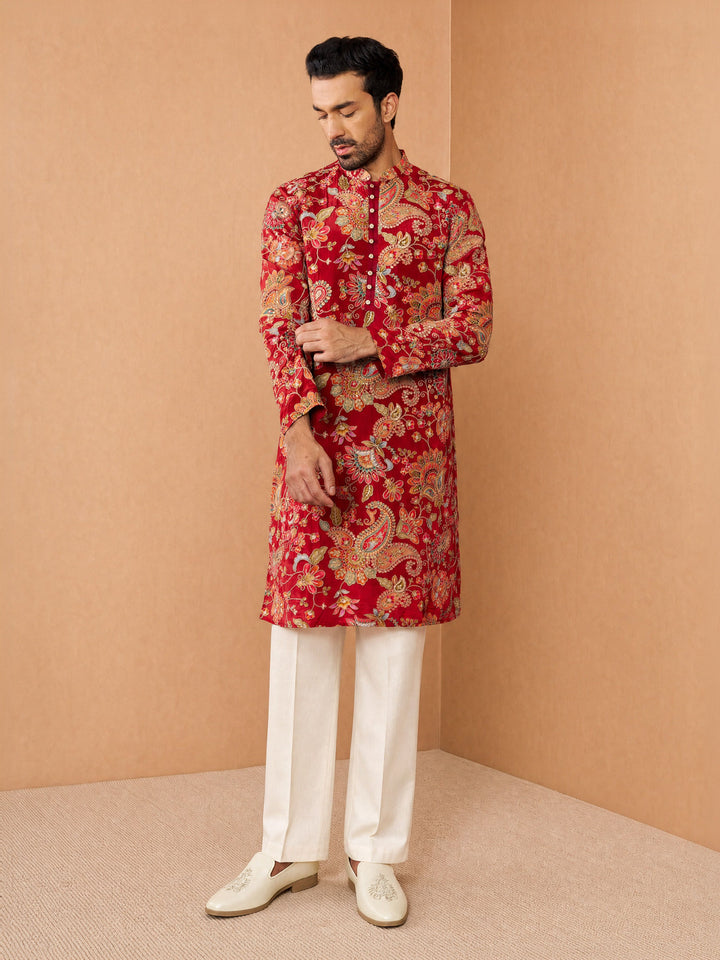 Men Maroon Crepe Kurta with Wide leg Pant Festive Ethnic Wear