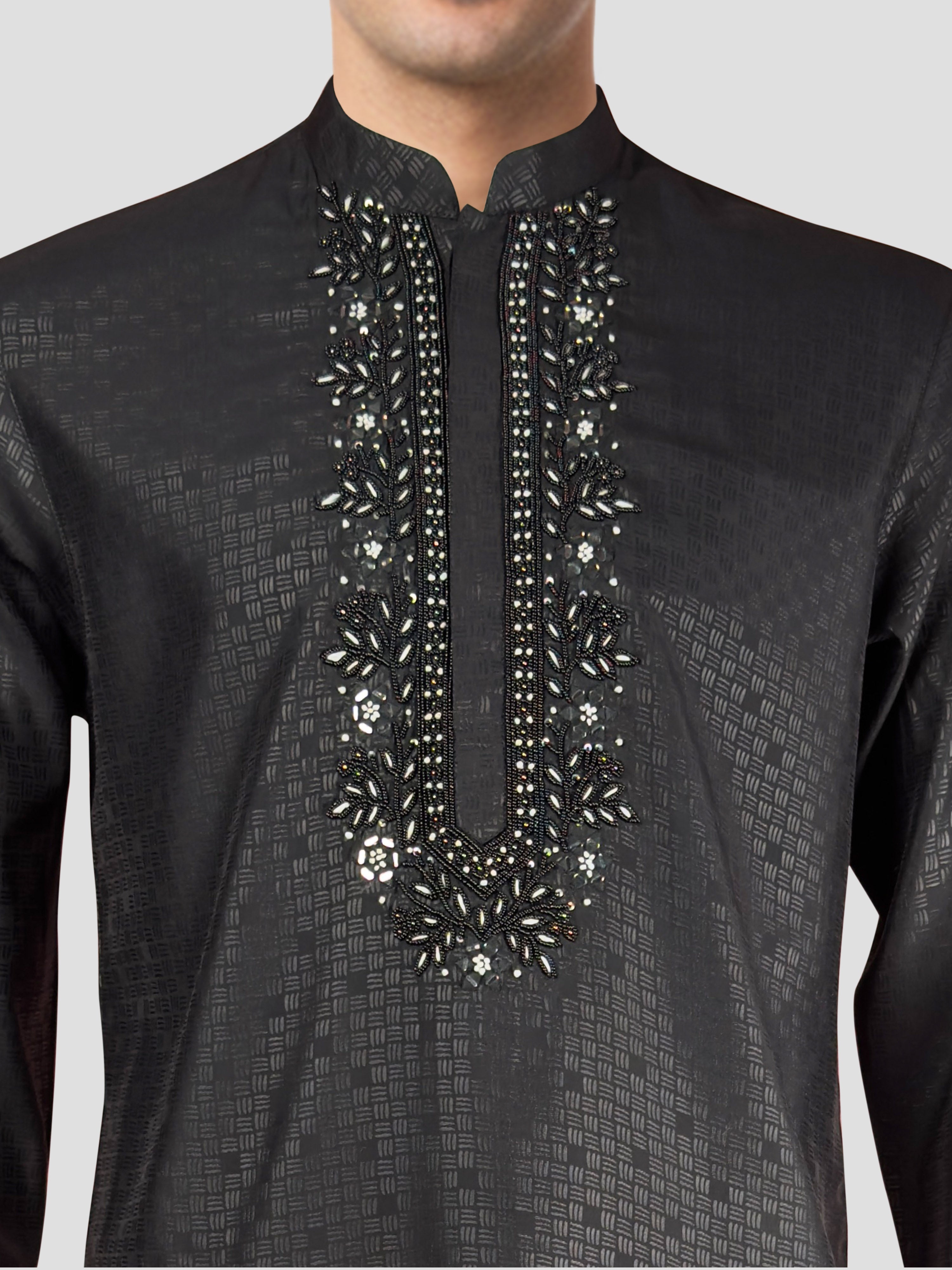 Men's Black Embroidered Kurta with Cream Pyjama