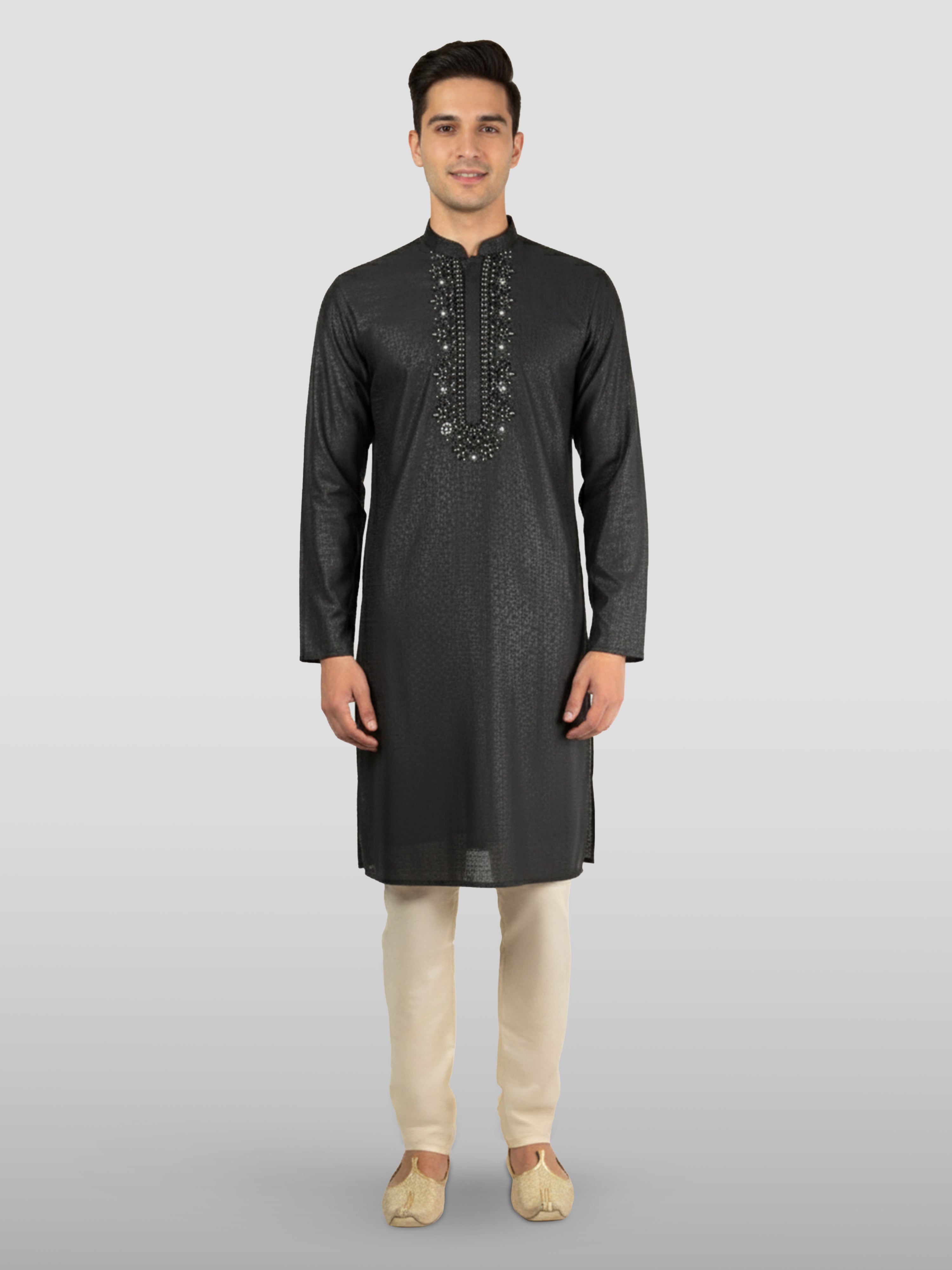 Men's Black Embroidered Kurta with Cream Pyjama