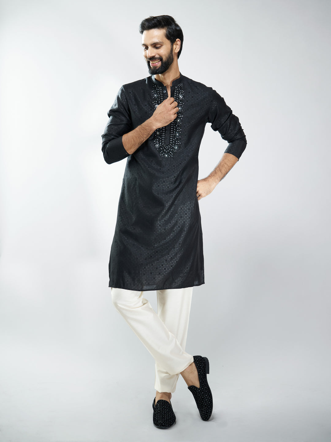 Men Silk Blend Embroidered Kurta with Black Pyjama
