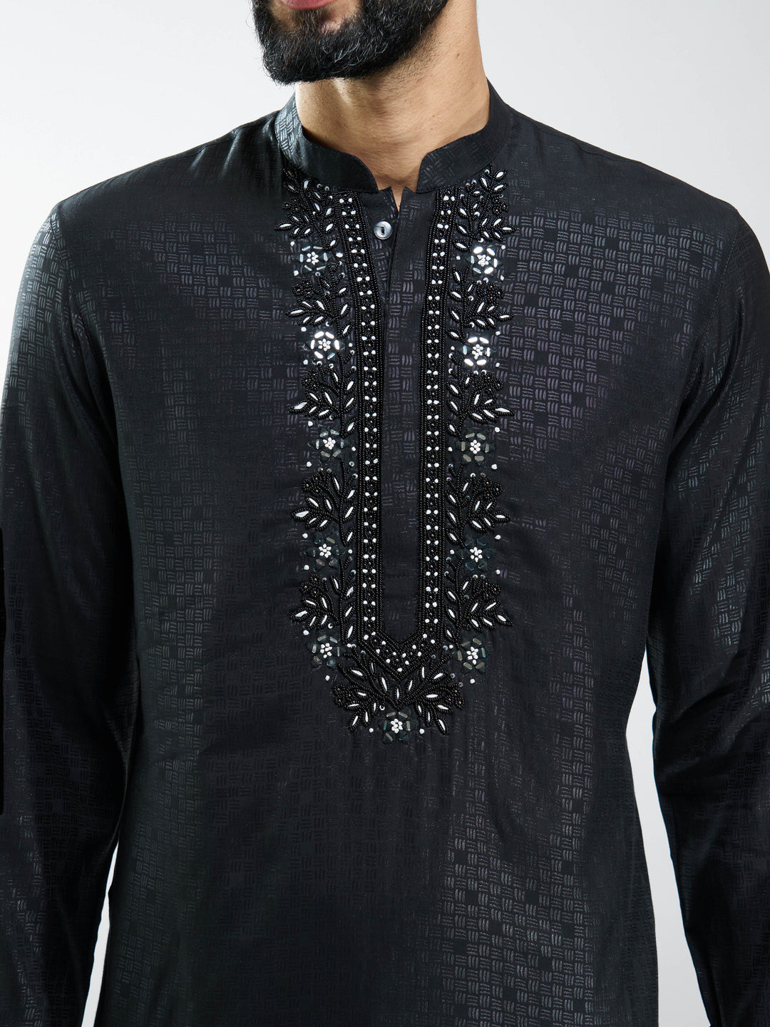 Men Silk Blend Embroidered Kurta with Black Pyjama