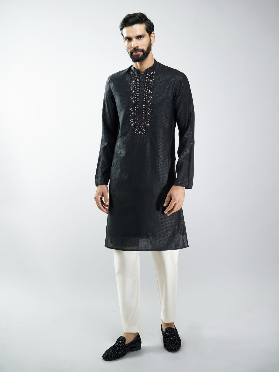 Men Silk Blend Embroidered Kurta with Black Pyjama