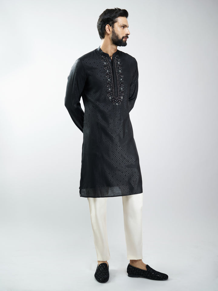 Men Silk Blend Embroidered Kurta with Black Pyjama