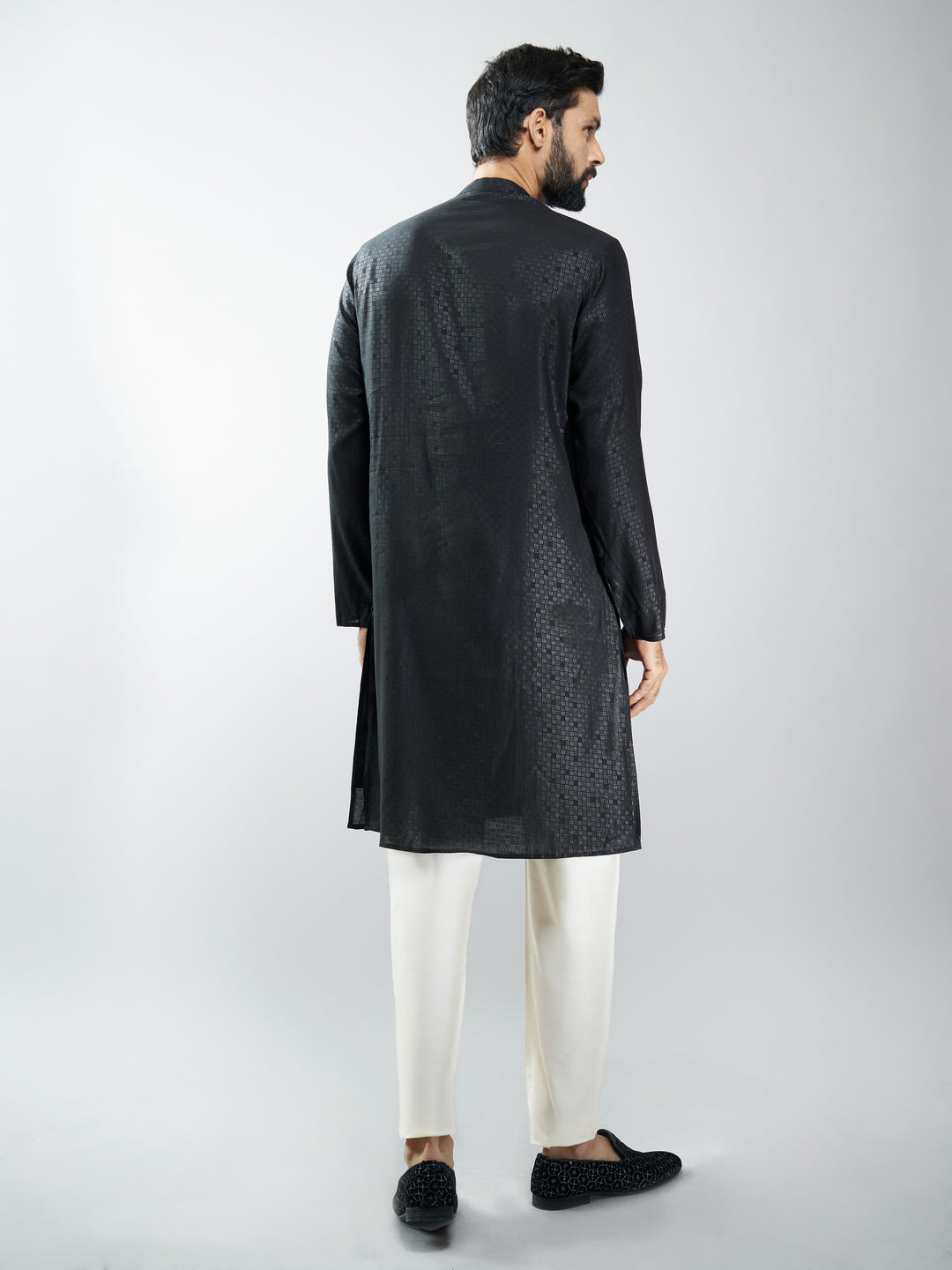 Men Silk Blend Embroidered Kurta with Black Pyjama