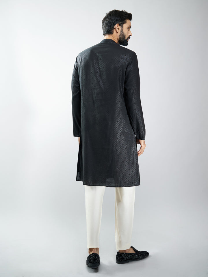 Men Silk Blend Embroidered Kurta with Black Pyjama