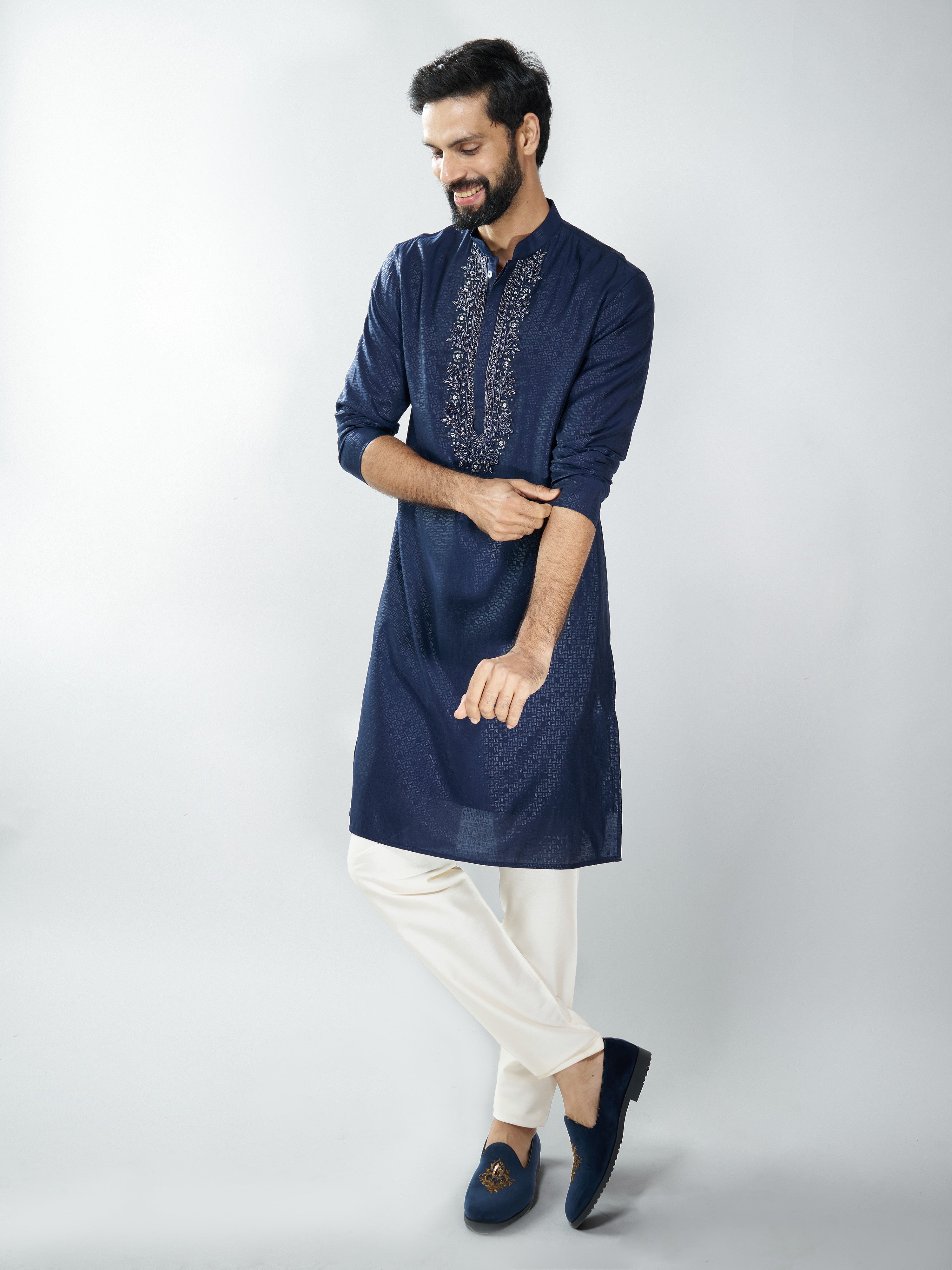 Silk Blend Embroidered Kurta with Black Pyjama