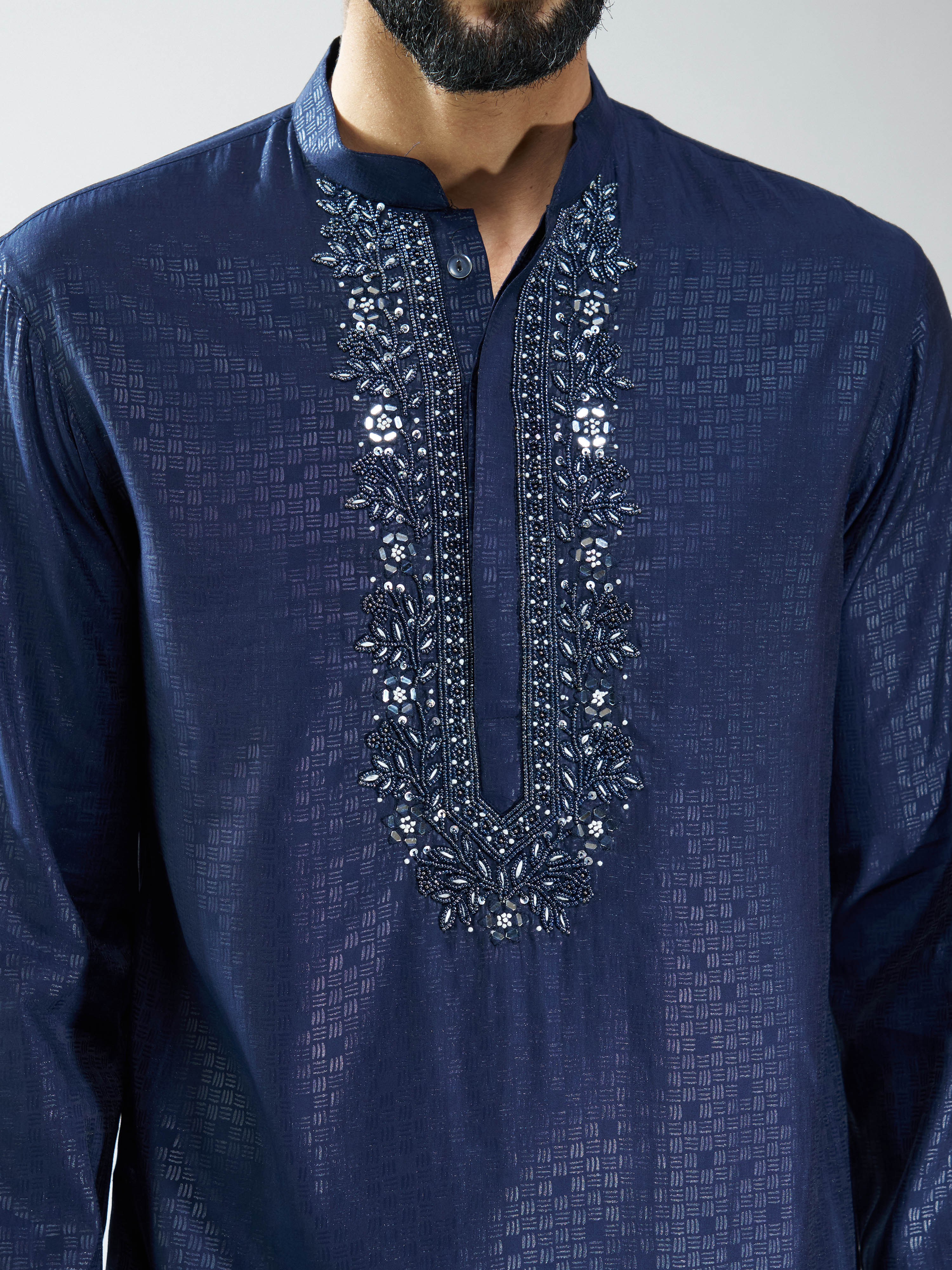 Silk Blend Embroidered Kurta with Black Pyjama