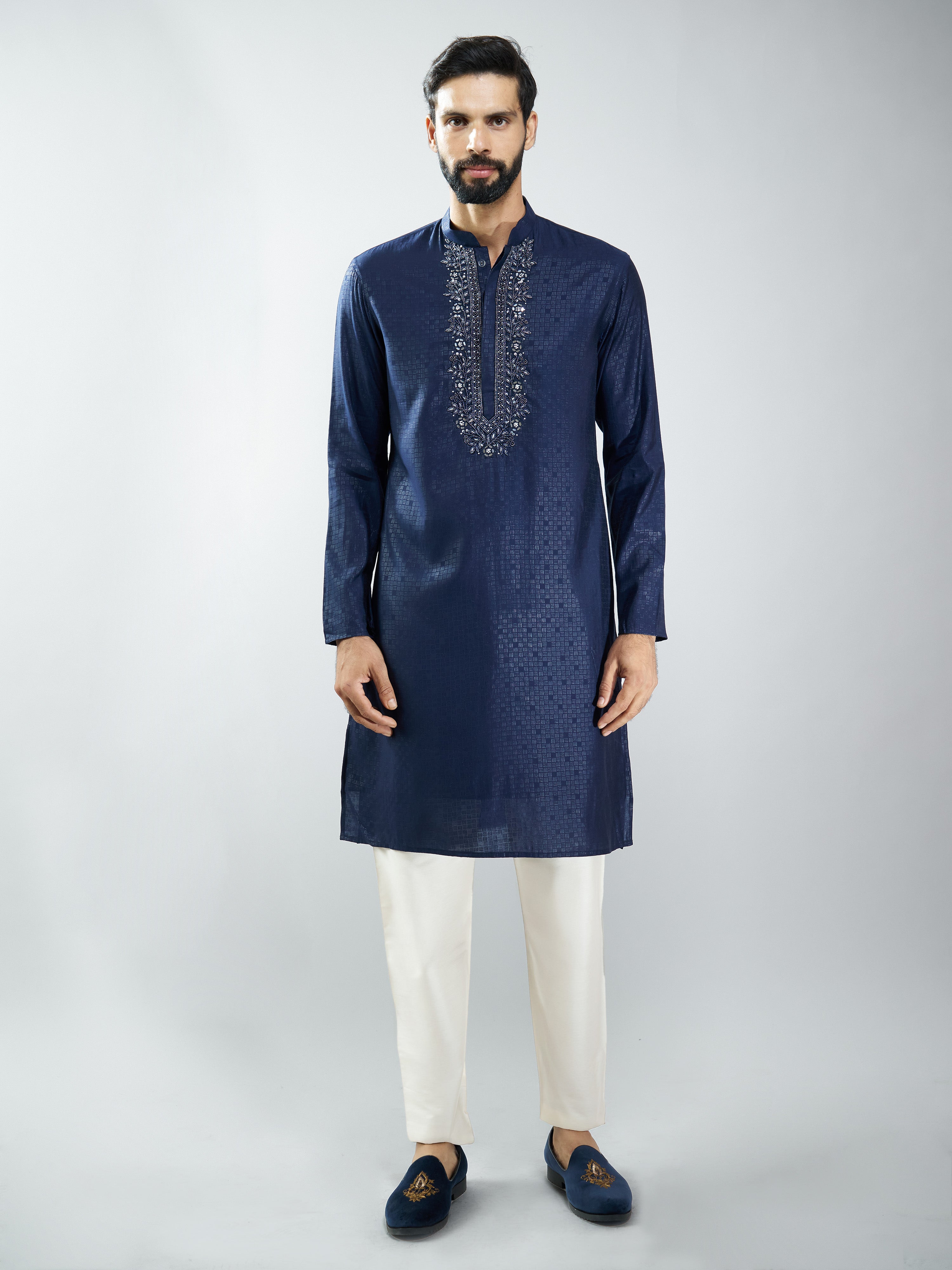 Silk Blend Embroidered Kurta with Black Pyjama