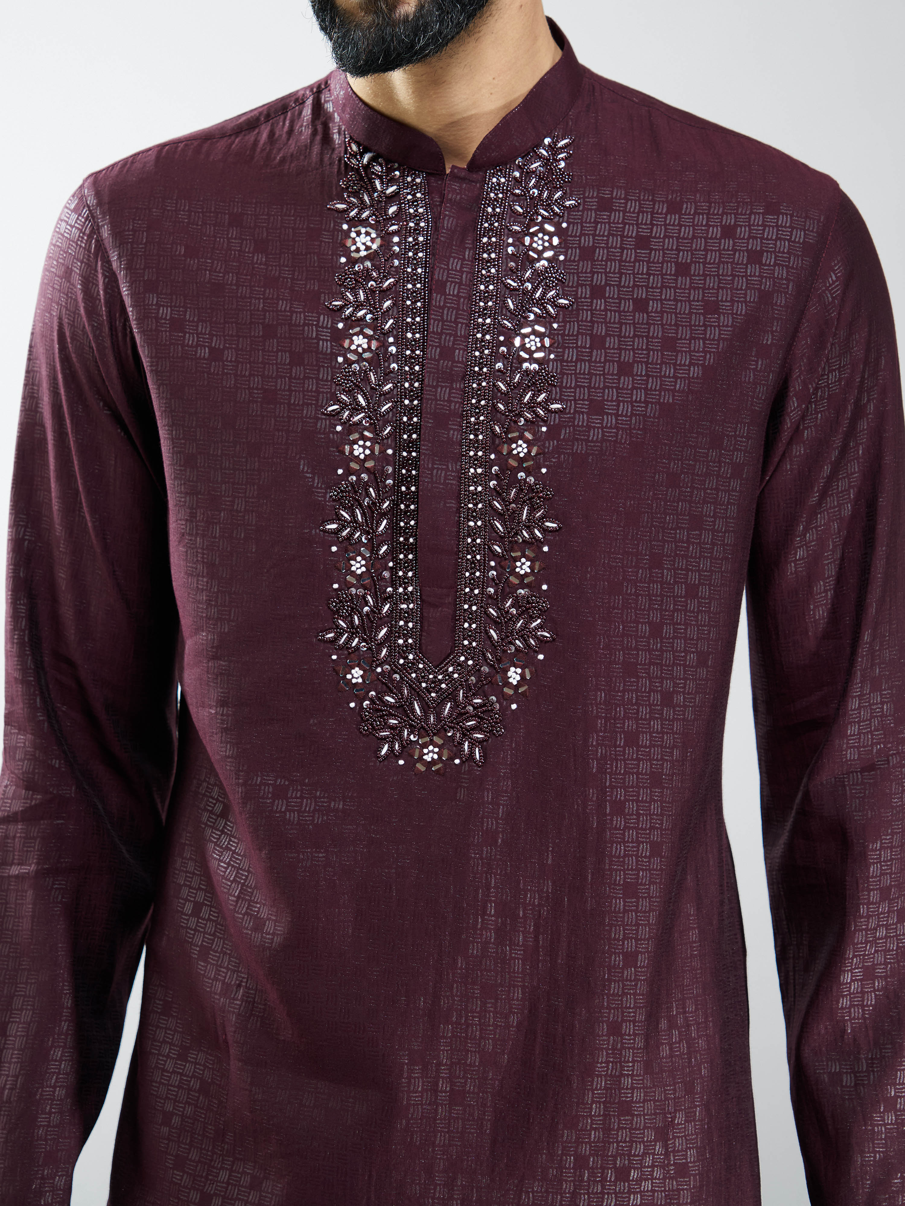 Men Wine Silk Blend Embroidered Kurta with Cream Pyjama