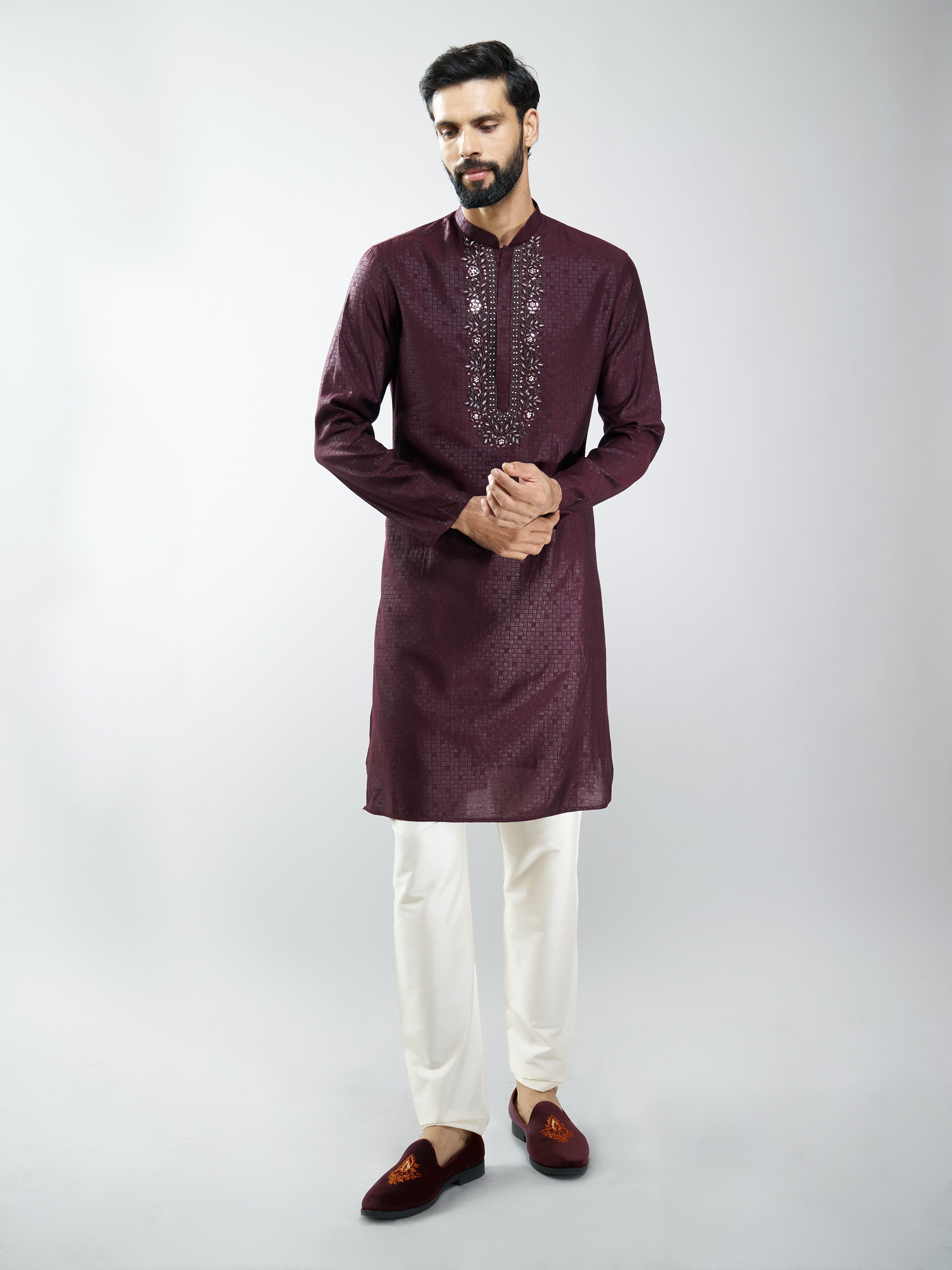 Men Wine Silk Blend Embroidered Kurta with Cream Pyjama