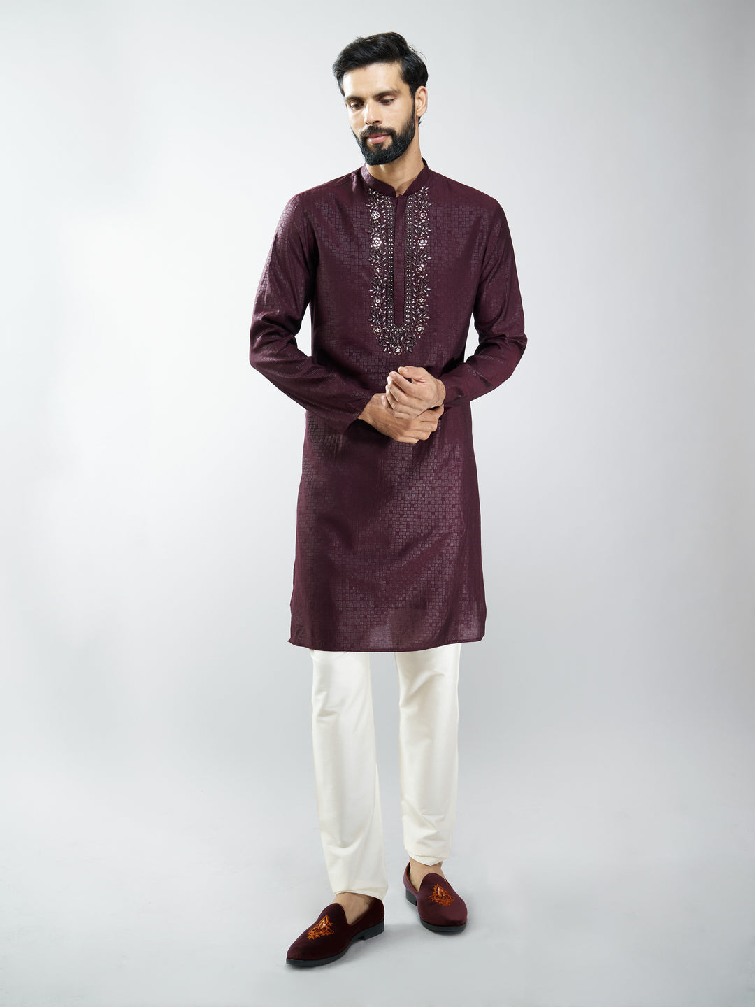 Men Wine Silk Blend Embroidered Kurta with Cream Pyjama