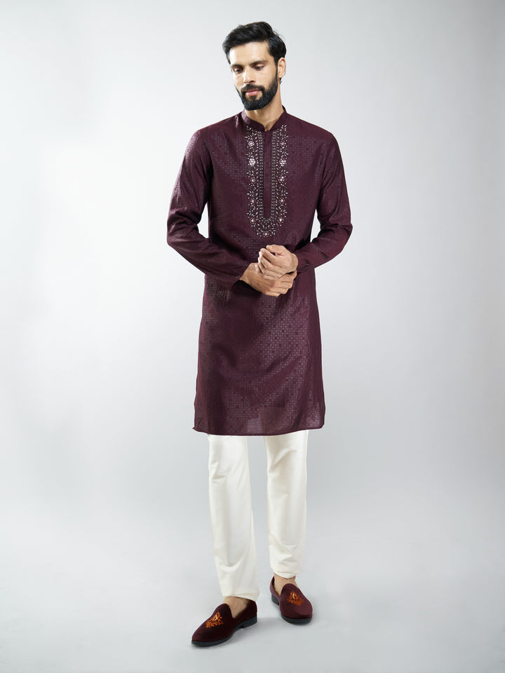 Men Wine Silk Blend Embroidered Kurta with Cream Pyjama