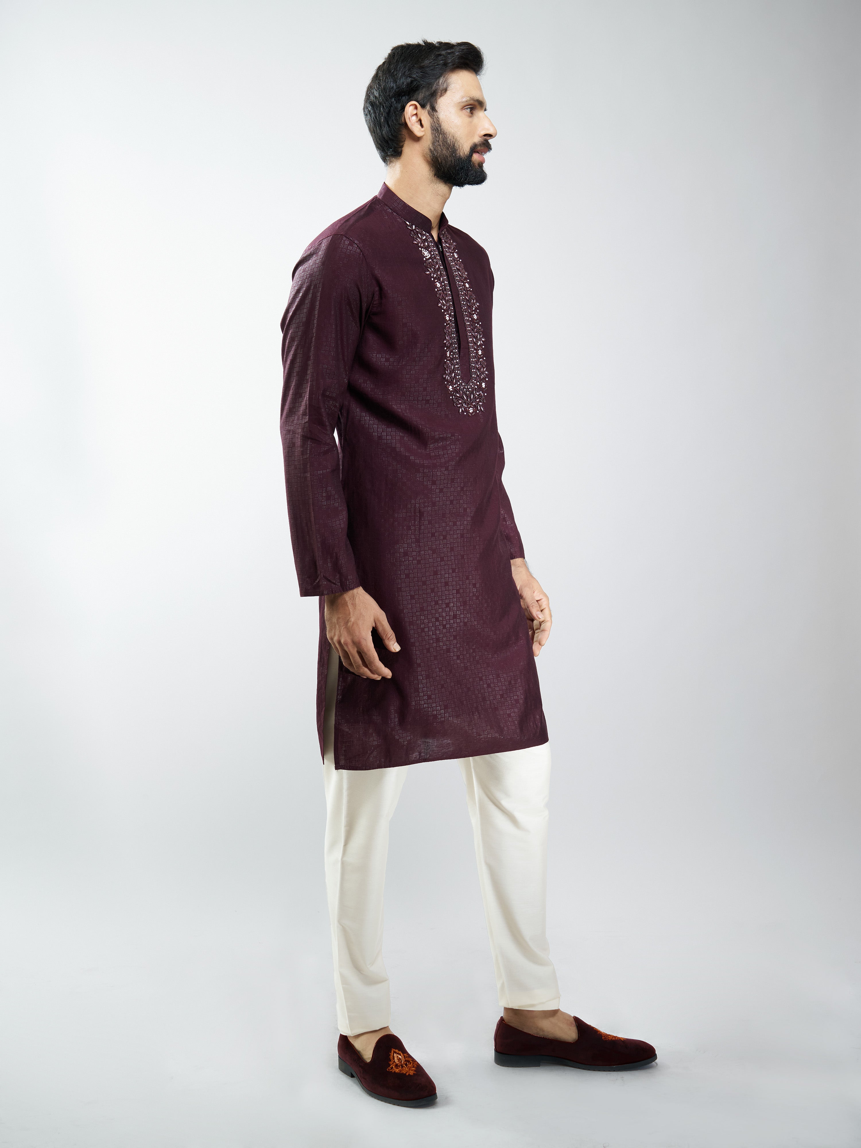 Men Wine Silk Blend Embroidered Kurta with Cream Pyjama