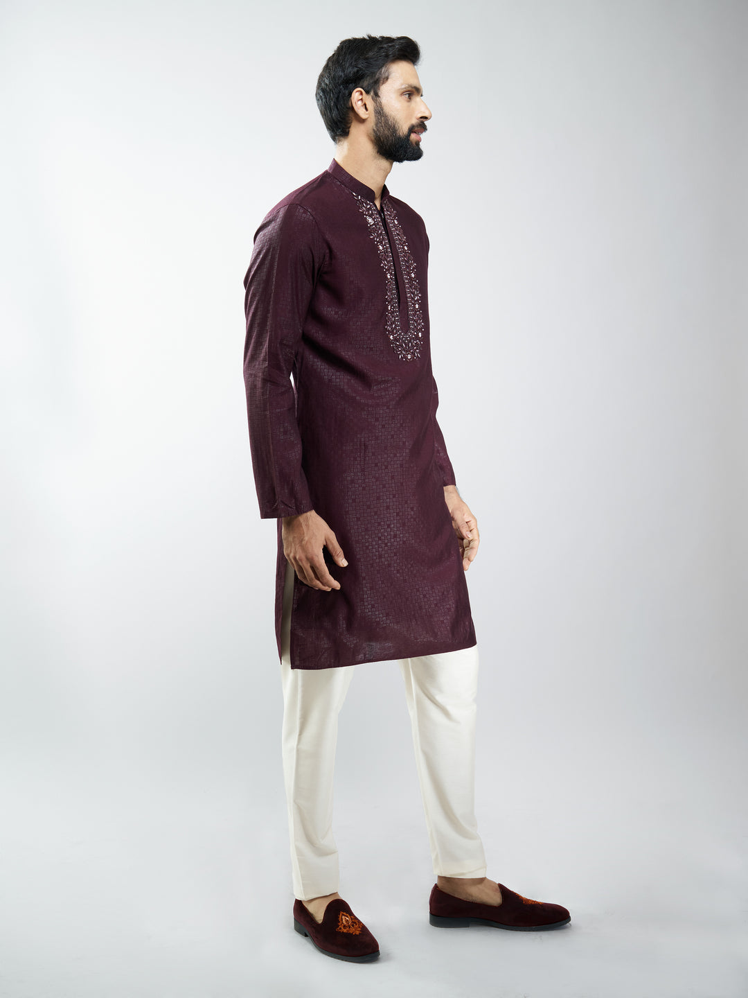 Men Wine Silk Blend Embroidered Kurta with Cream Pyjama
