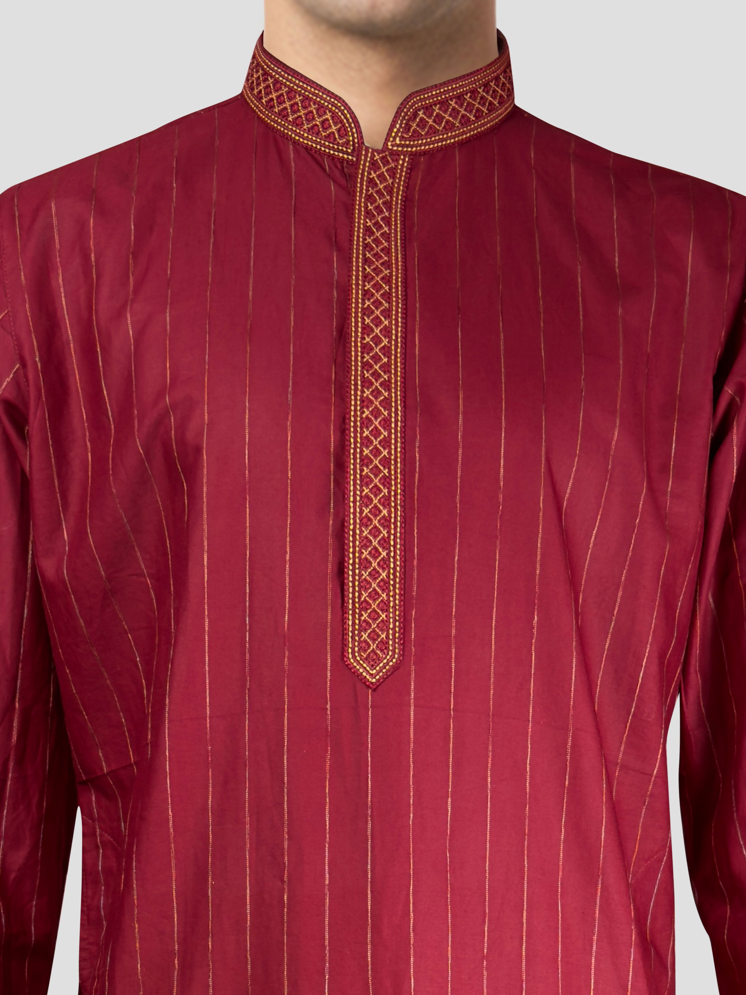 Men's Maroon Embroidered Kurta with Cream Pyjama